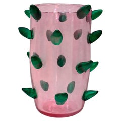 Art-Déco-Vase aus rosa und grünem Muranoglas mit aufgesetzten Spitzen, 80er Jahre.