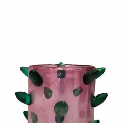 Art-Déco-Vase aus rosa und grünem Muranoglas mit aufgesetzten Spitzen, 80er Jahre.