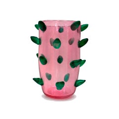 Zweier-Set aus rosa und grünen Art-Déco-Vasen aus Muranoglas mit aufgesetzten Zacken, 80er Jahre