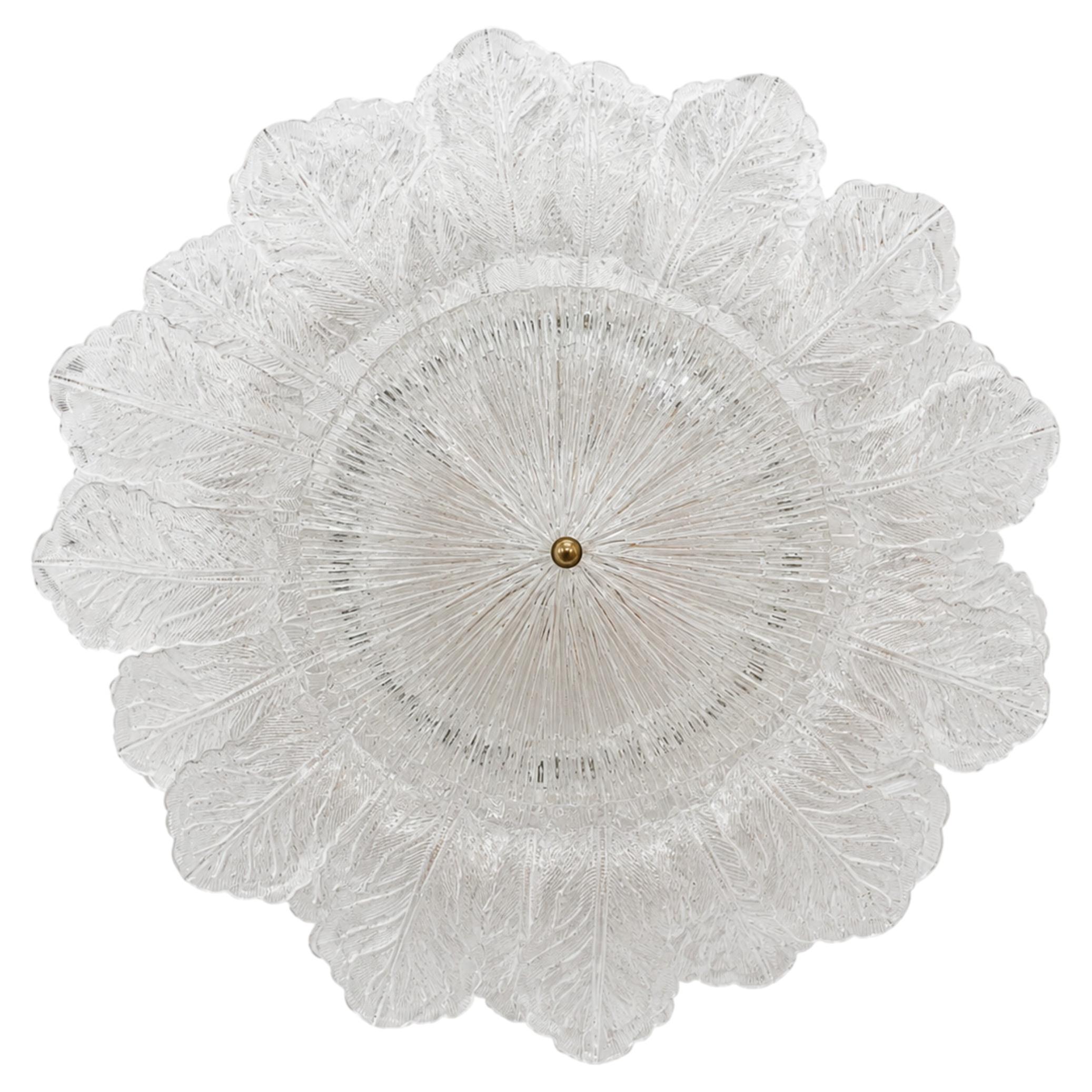 Contemporary Large Italian Clear Murano Glass Leaf Flush Mount Ceiling Light For Sale