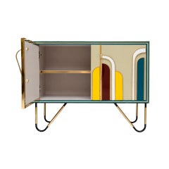 Credenza italiana in legno massiccio e vetro colorato in stile metà secolo moderno