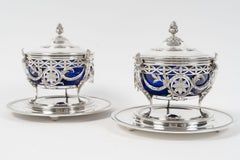 RISLER & CARRÉ–Pair of covered sweetmeat dishes in solid silver and cobalt glass