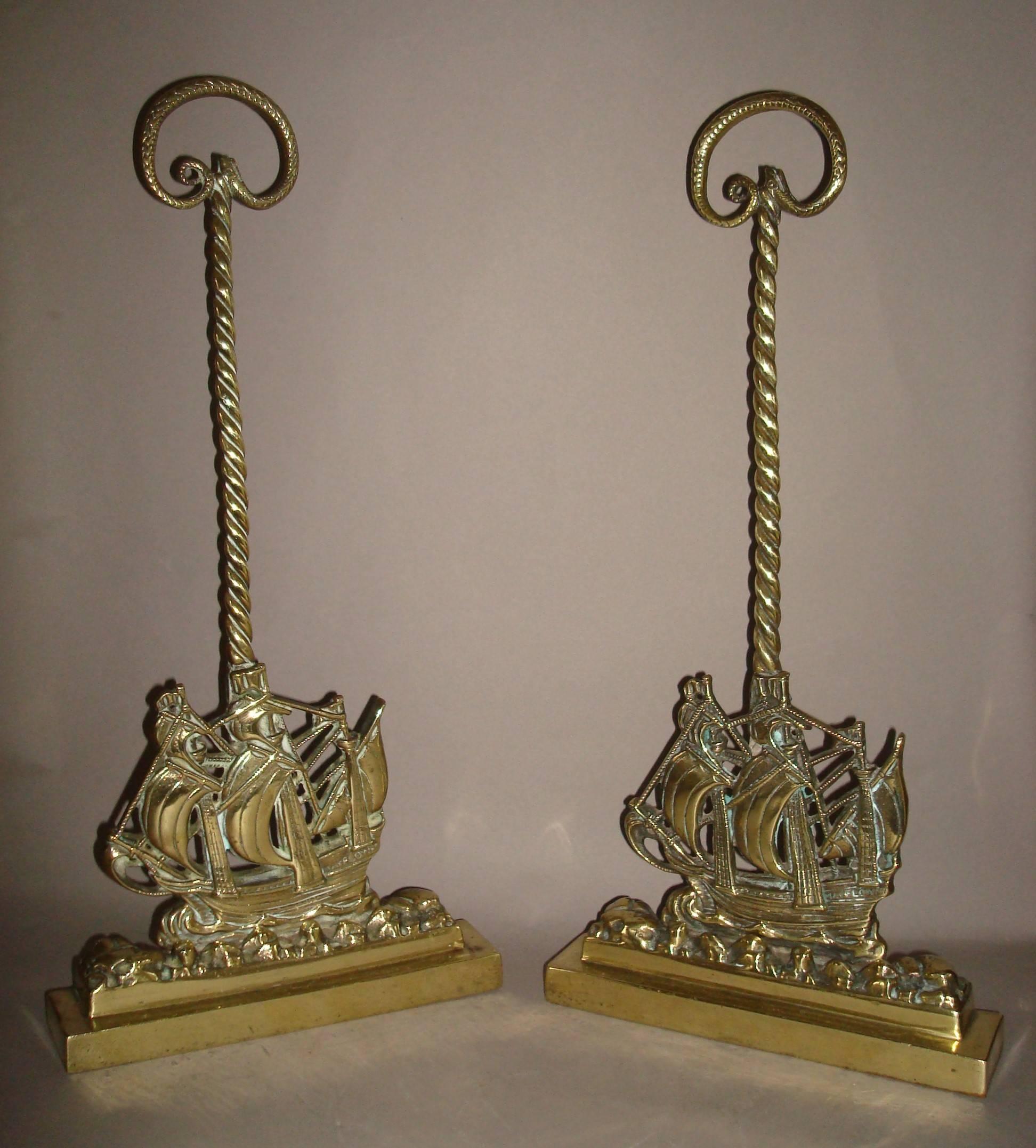 English 19th Century Pair of Brass Doorstops or Door Porters Depicting the Mayflower