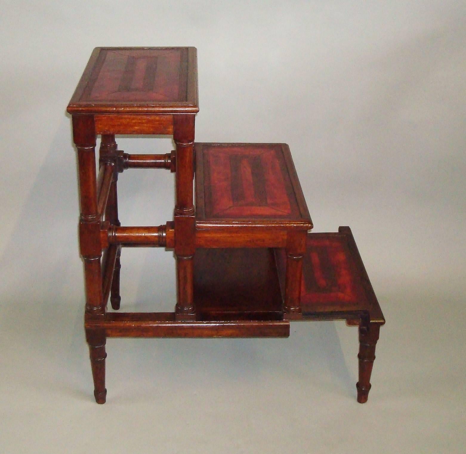 English George III Mahogany Library Steps with Red Leather Treads