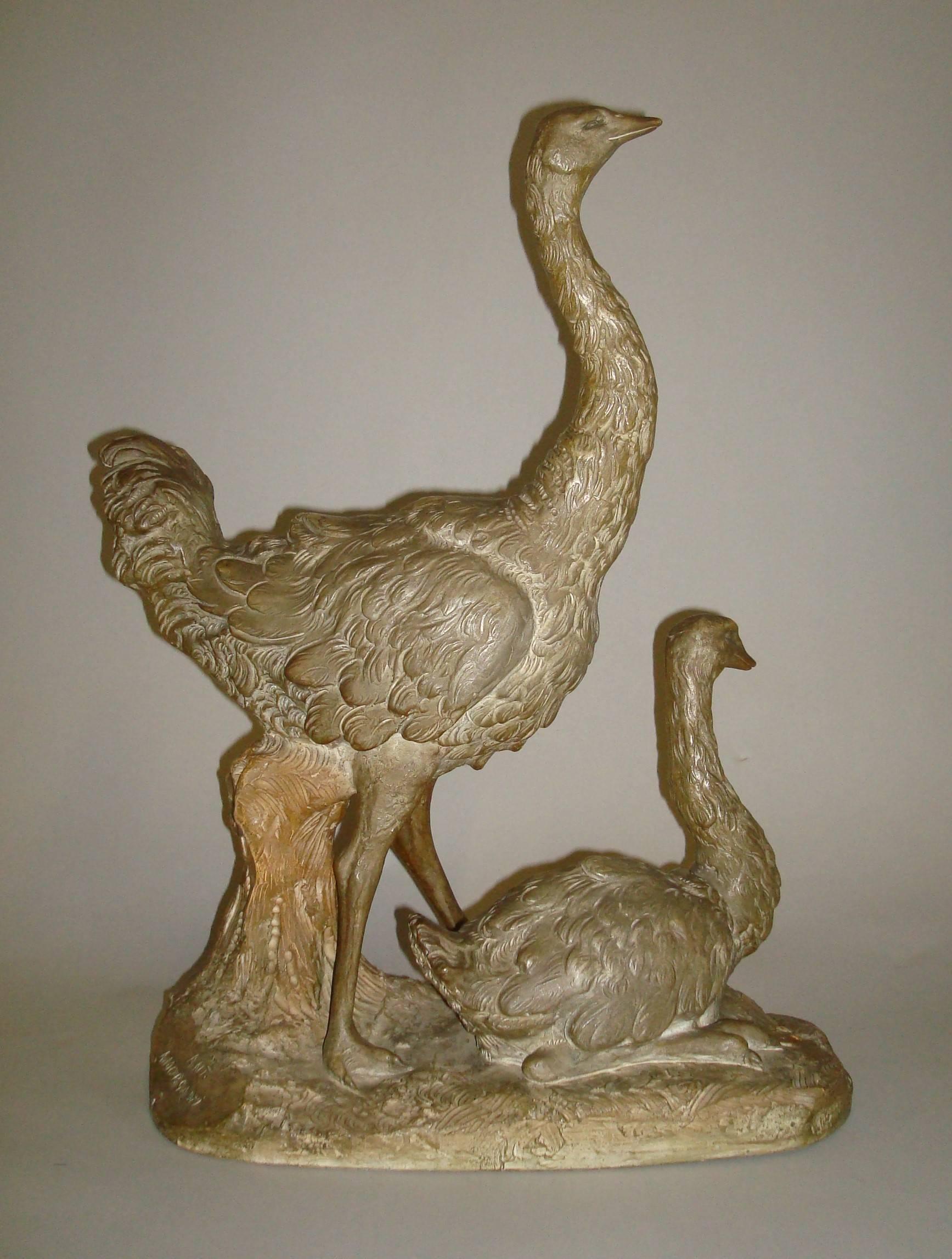 Bronzed Early 20th Century Terracotta Sculpture of Ostriches For Sale
