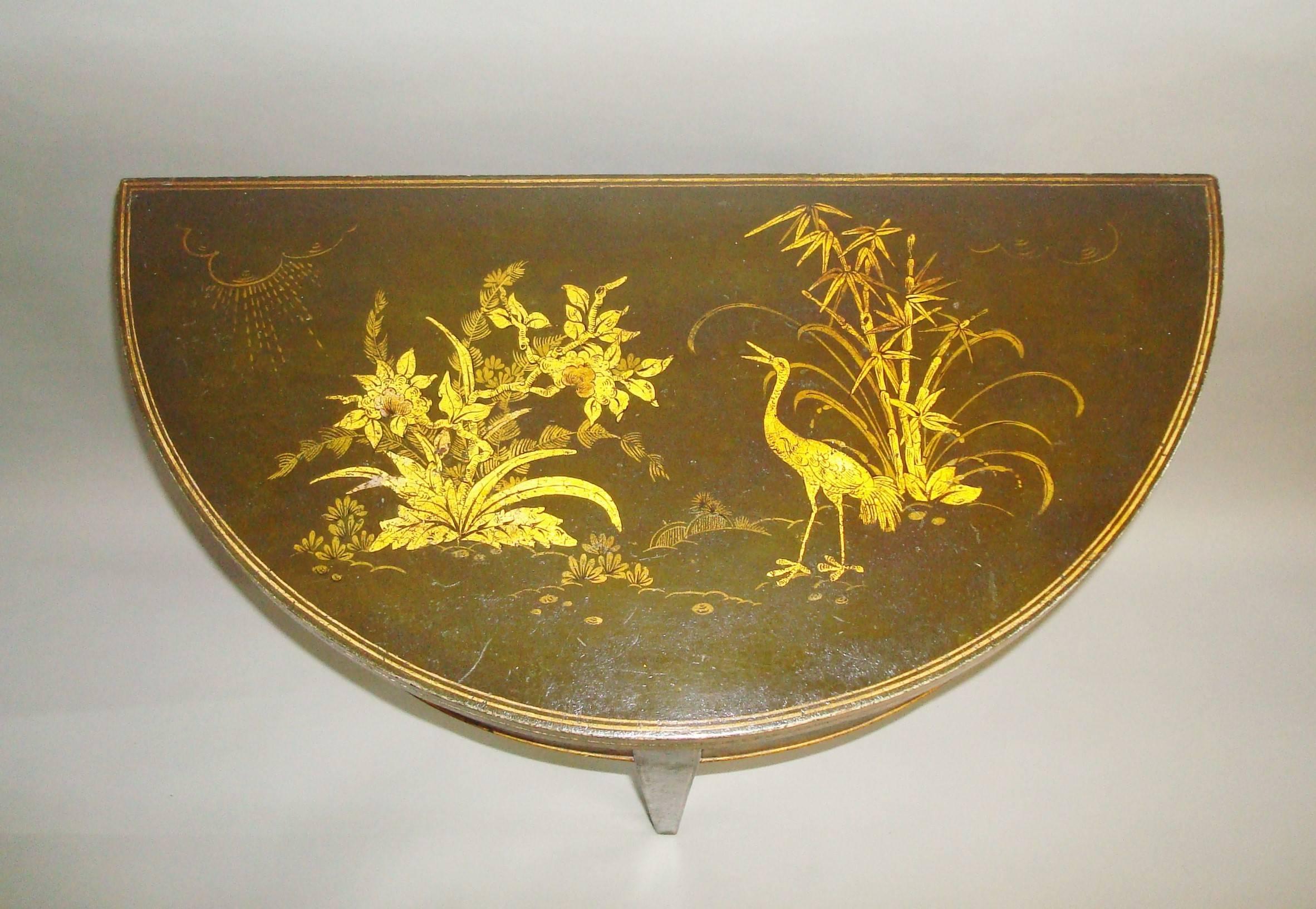 Lacquered 19th Century Pair of Chinoiserie Demilune Card Tables