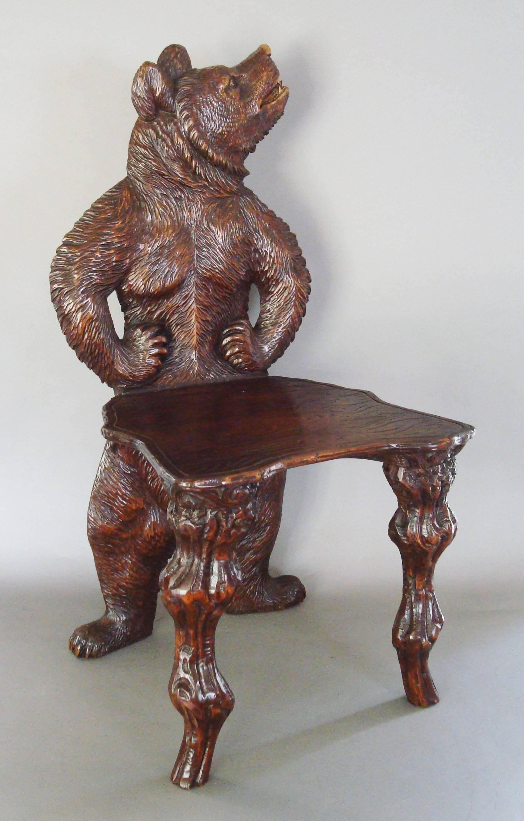 Hand-Carved 19th Century Black Forest Carved Bear Hall Chair For Sale