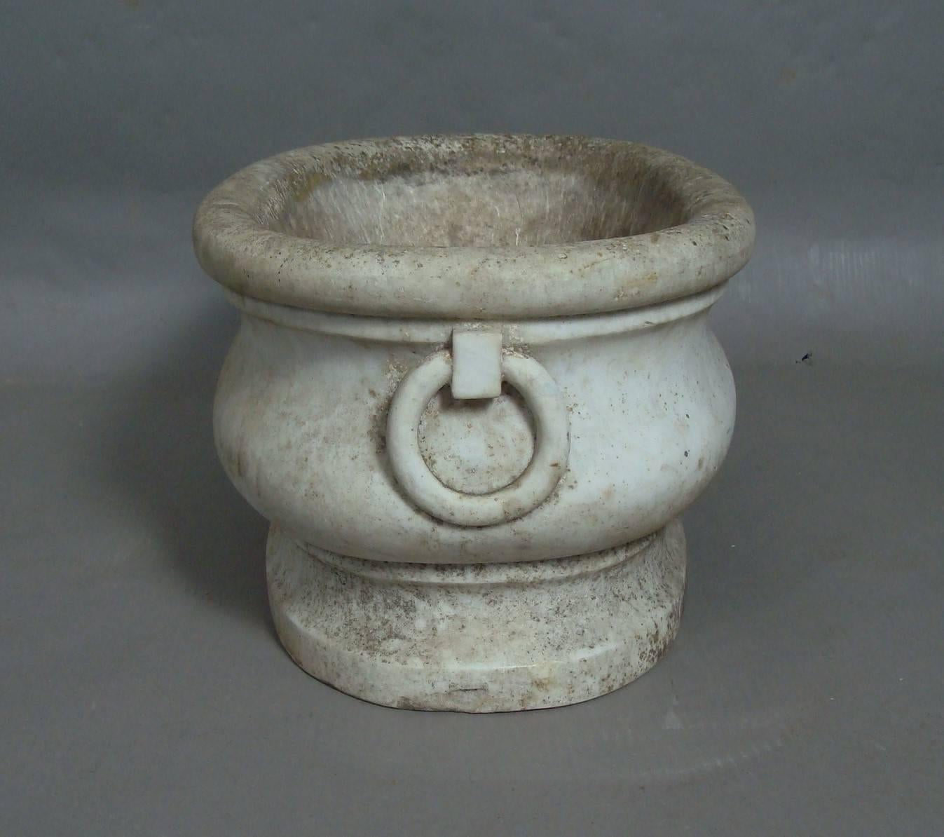 A rare, early 19th century Carrara marble cistern of elongated oval form, the top with a circular moulding over the bold ogee shaped body with carved rings to either end to simulate handles; raised on a cavetto moulded plinth.
Could be used as a