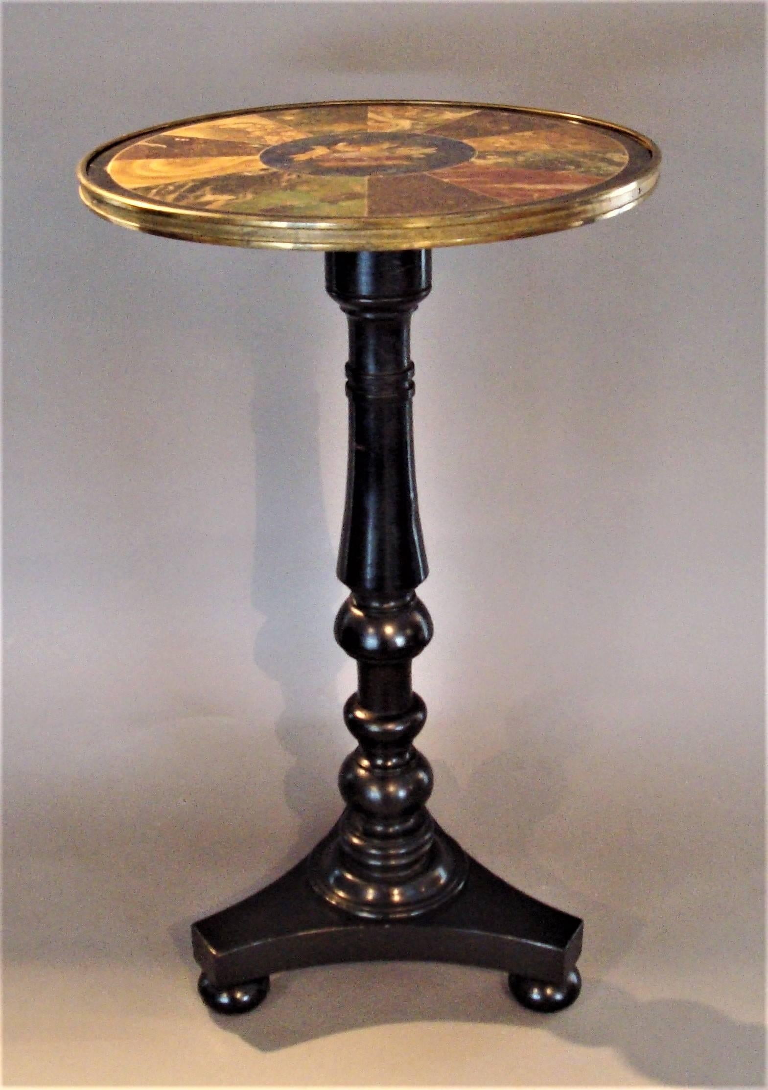 Good Regency painted simulated marble-top occasional table; the circular top decorated with a central panel with 'The Doves of Pliny' on a lapis lazuli background; with 12 radiating panels simulating specimen marbles including porphrey, agate,