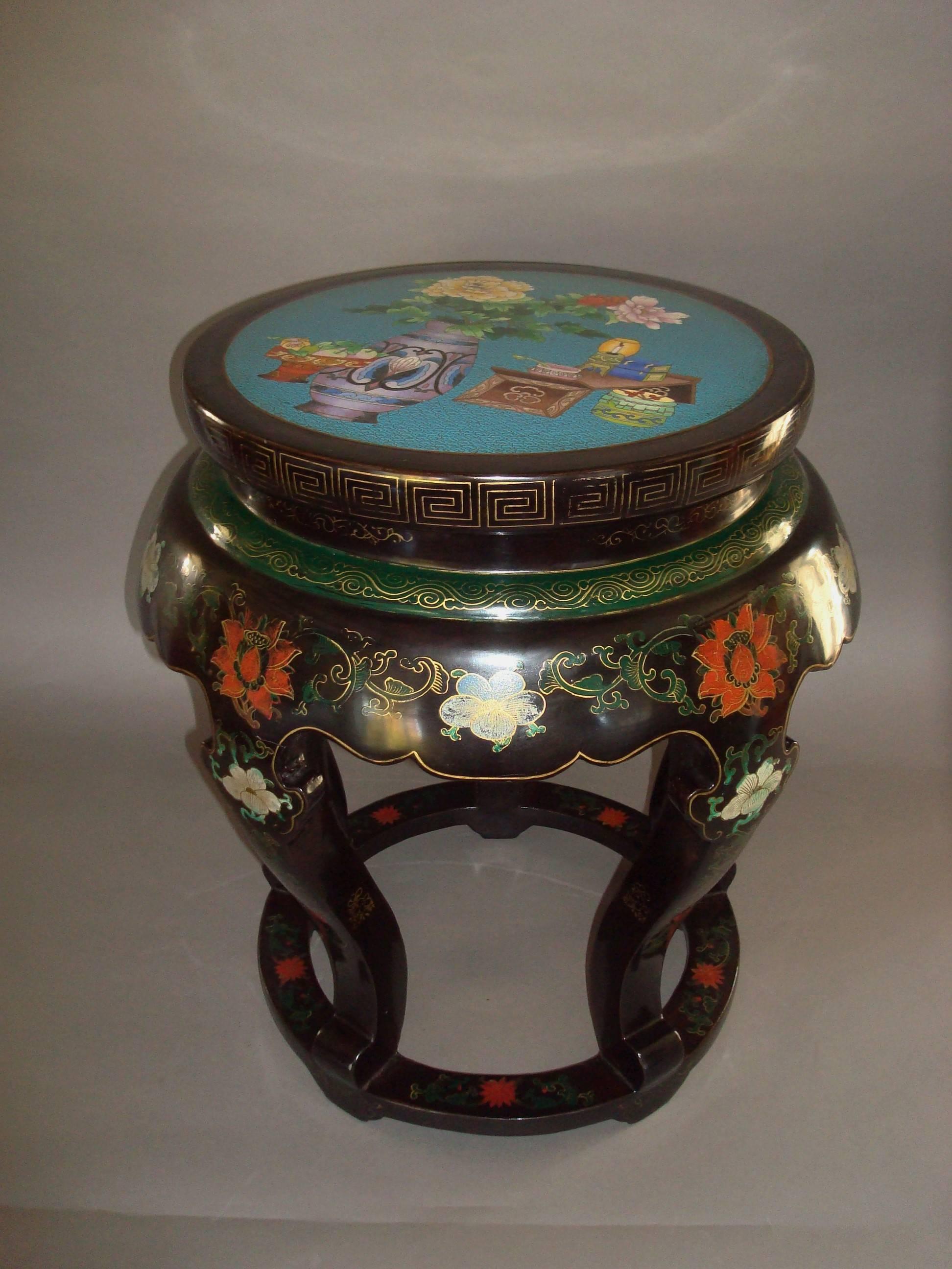Enamel Pair of Chinese Lacquered and Cloisonné Low Tables For Sale