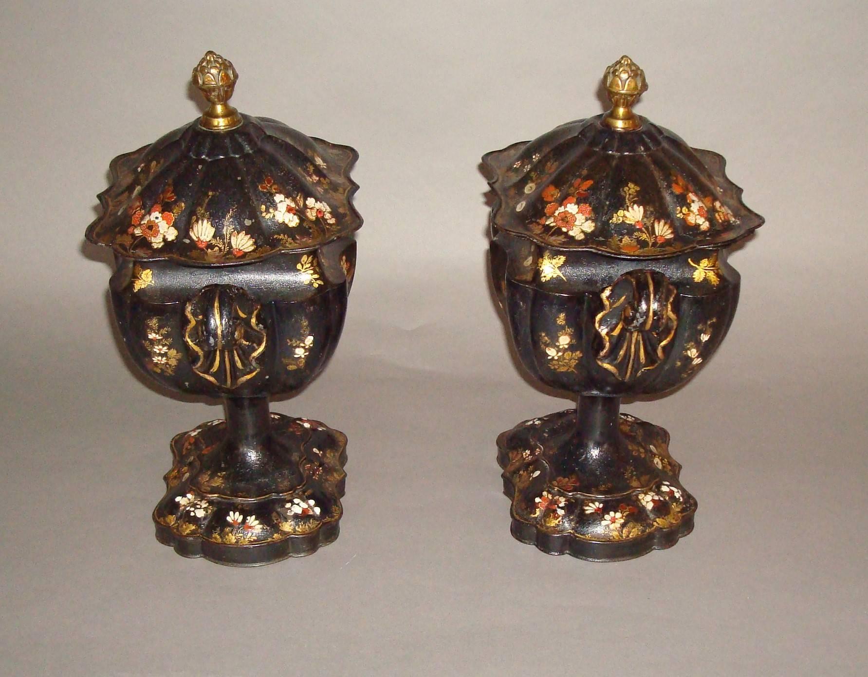Early 19th Century Regency Pair of Tole Chestnut Urns