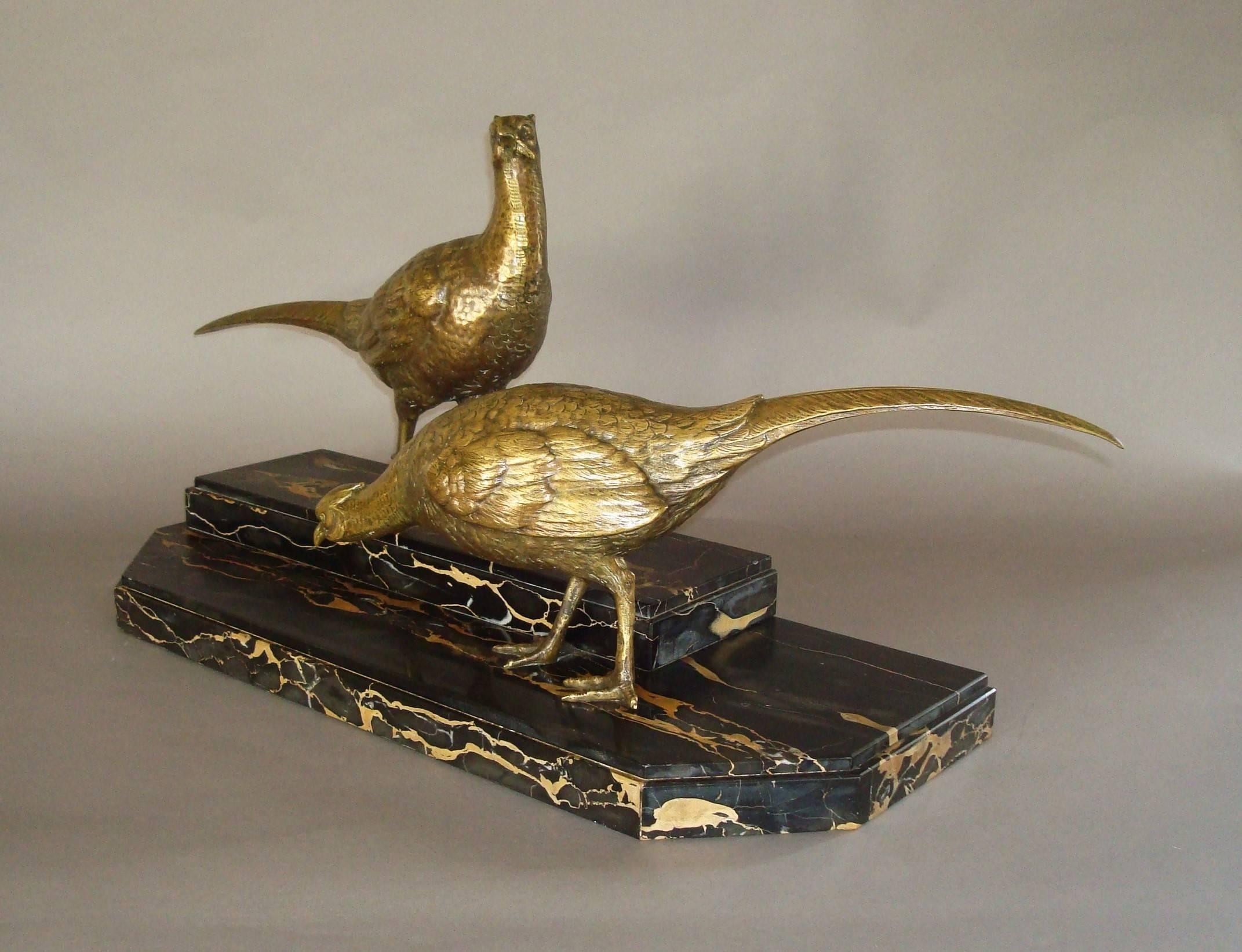 Spanish Early 20th Century Pair of Large Gilt Bronze Pheasants
