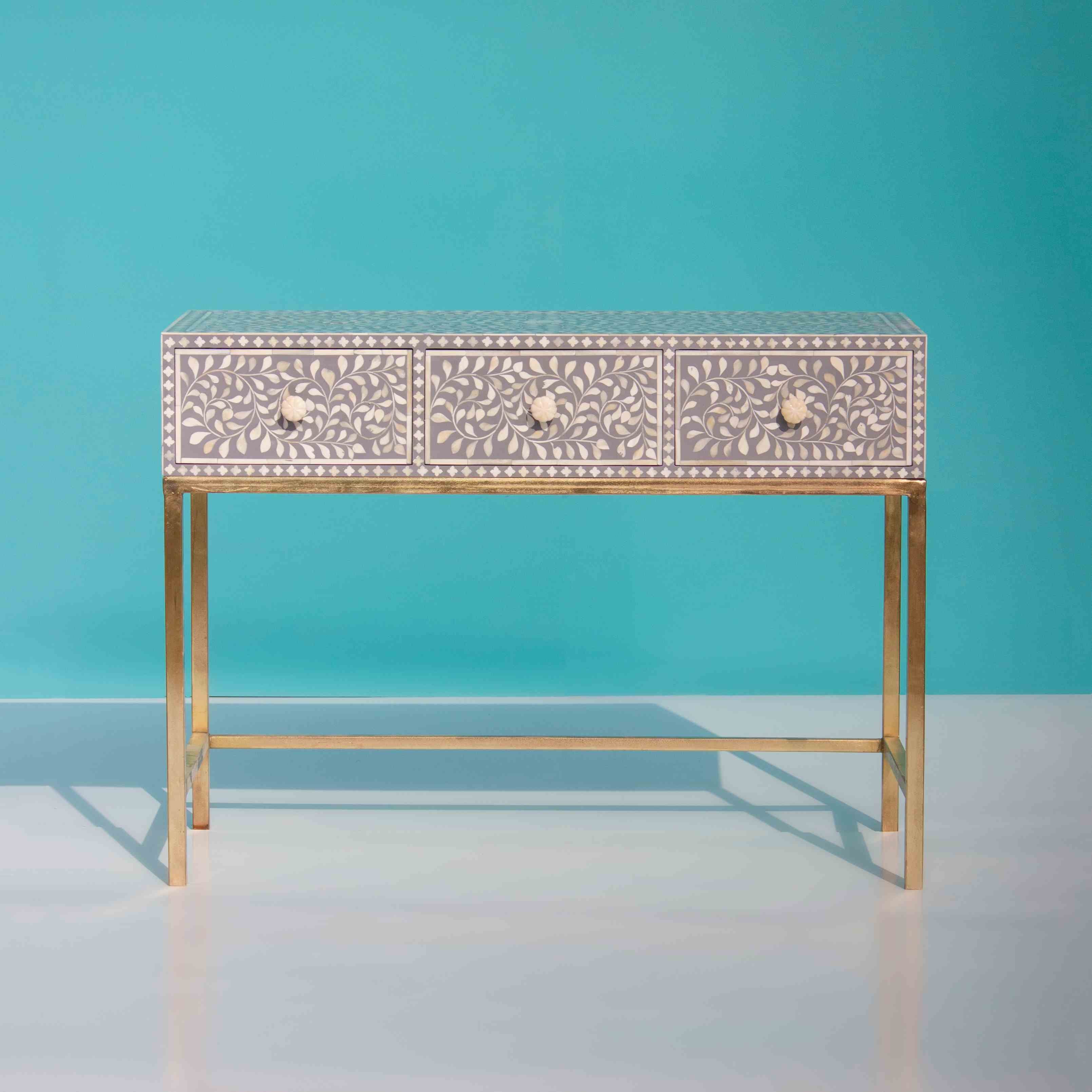 Floral Motifs Bone Inlay Console Table For Sale