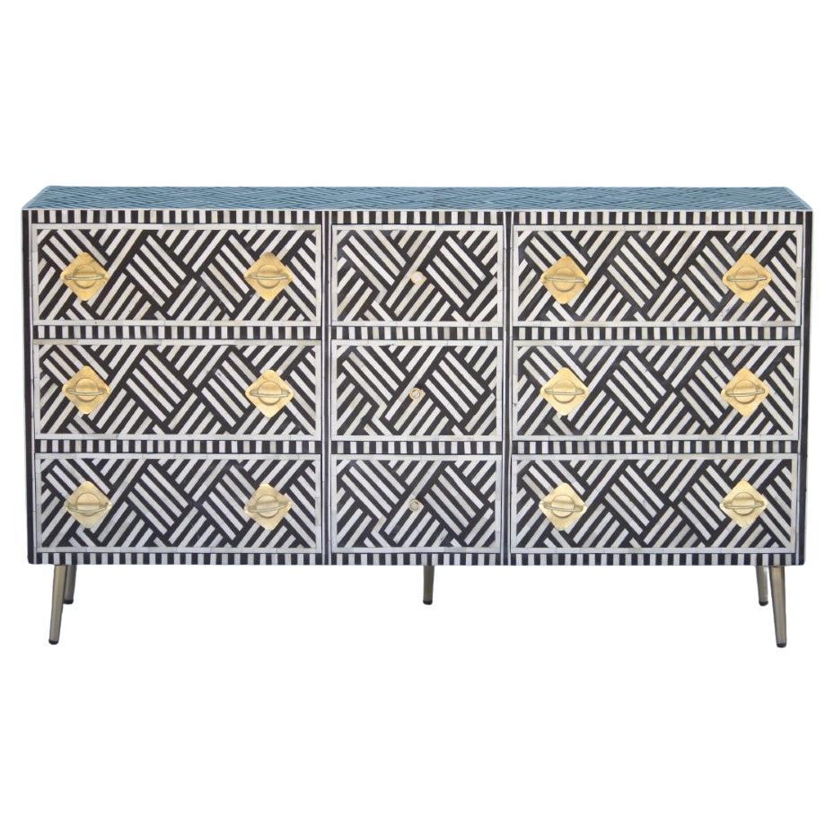 Black & White Bone Inlay Nine-Drawer Dresser with Brass Knobs by House of Jaipur