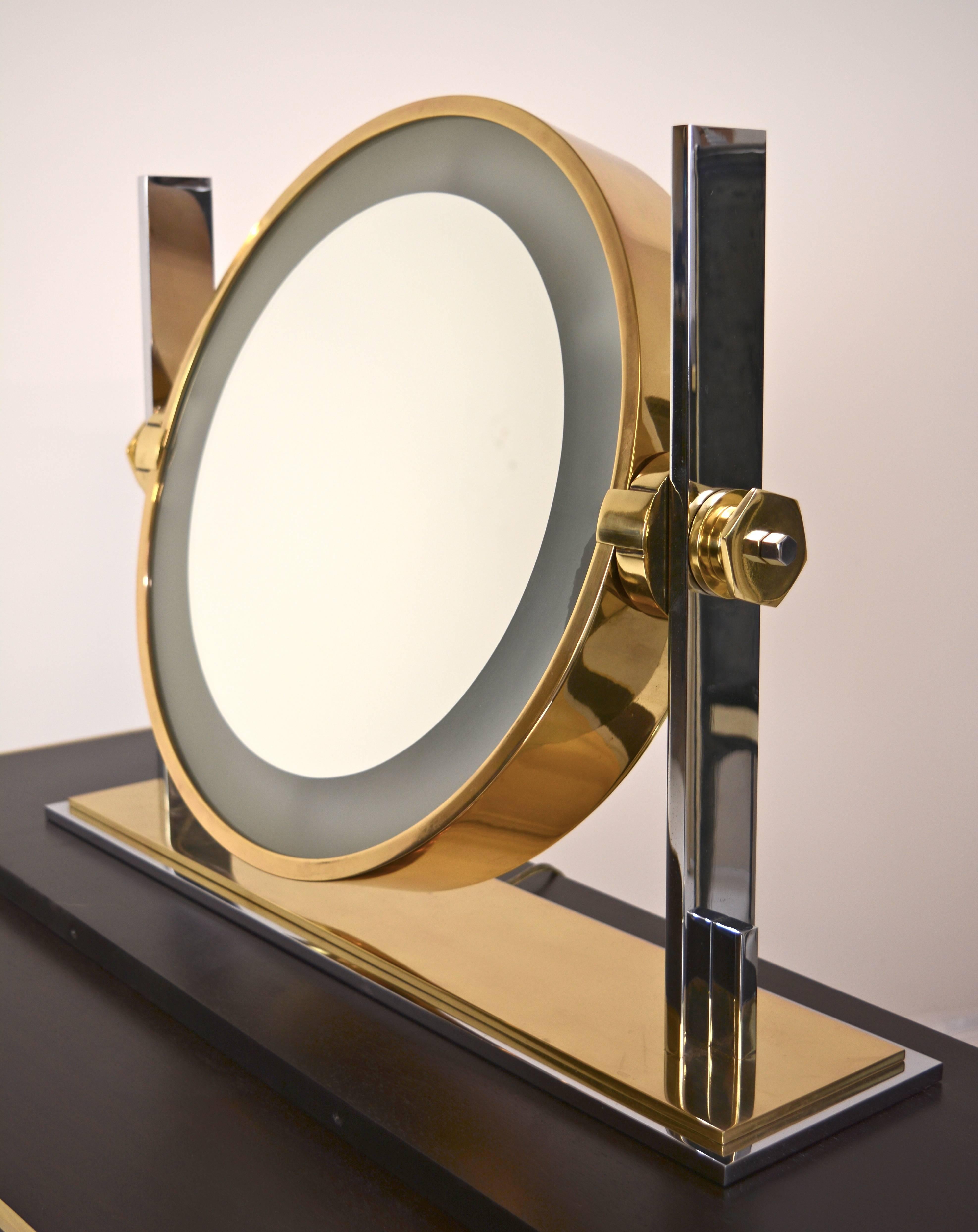 Chrome and brass vanity mirror by Karl Springer. Professionally cleaned and polished, circa 1970s.