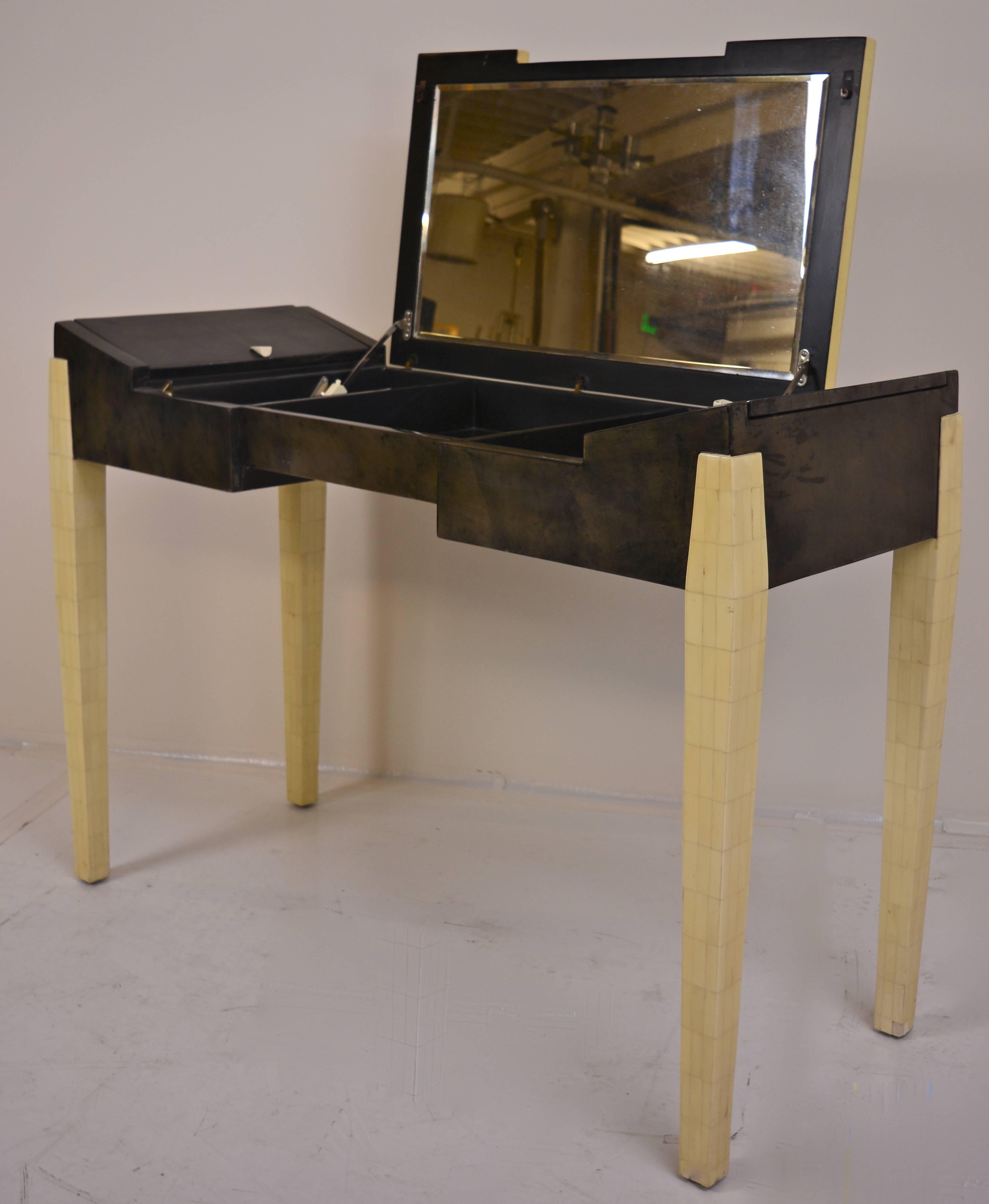 Mid-Century Modern Exquisite Tessellated Bone and Goatskin Vanity and Chair by Enrique Garcel
