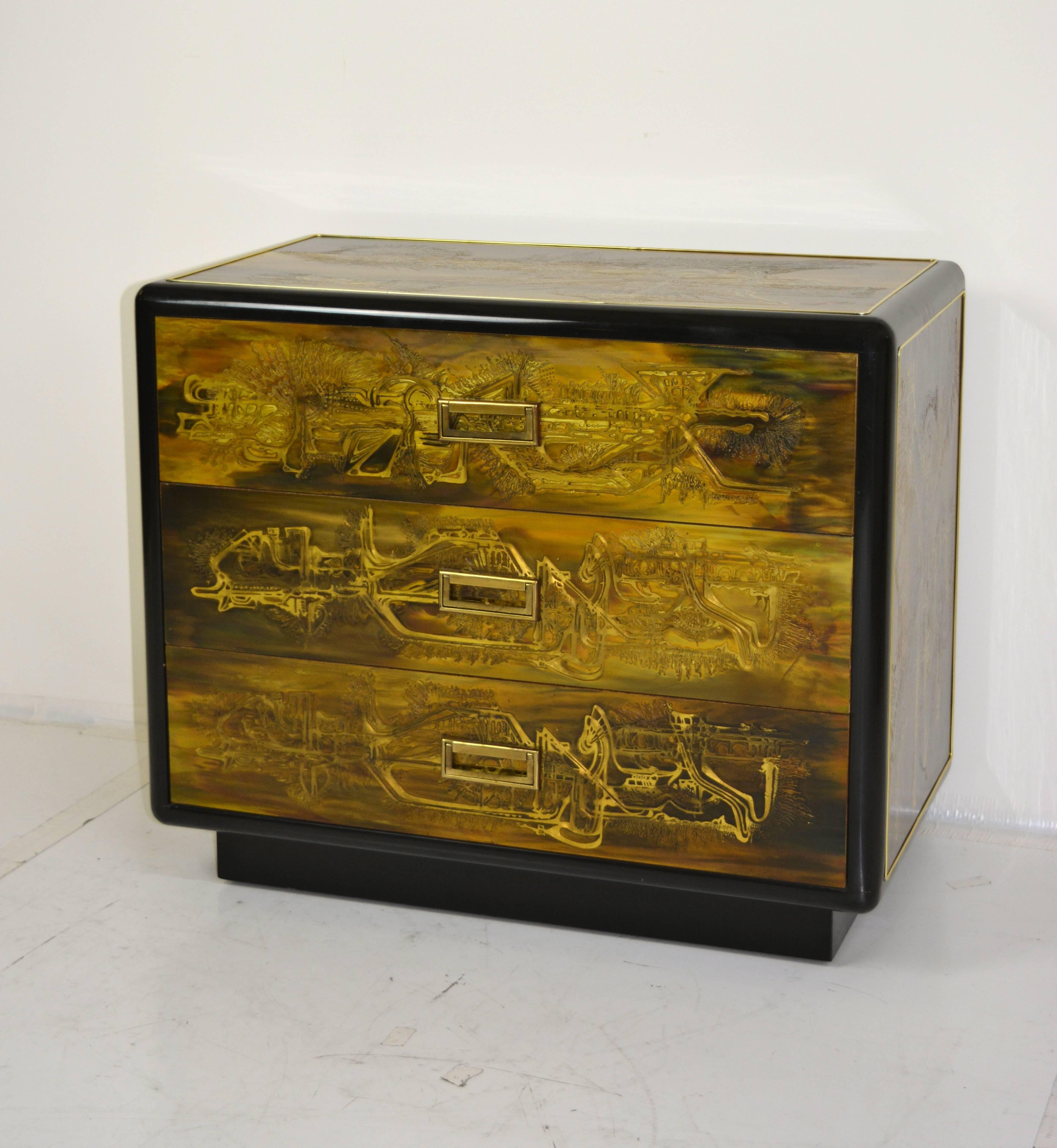 Acid etched and black lacquer cabinet by Bernhard Rohne for Mastercraft. Excellent condition, circa 1960s.