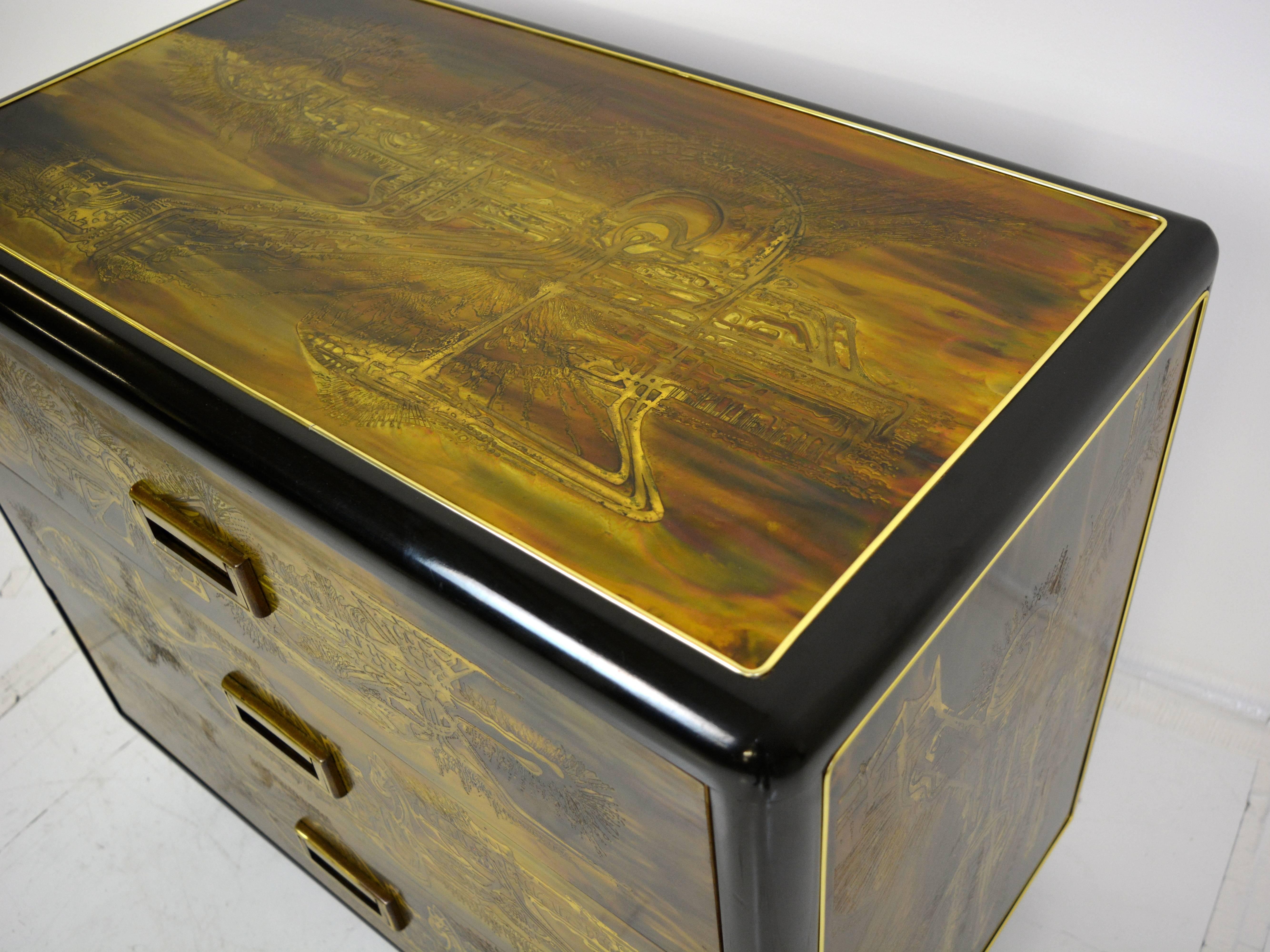Acid Etched and Black Lacquer Cabinet by Bernhard Rohne for Mastercraft In Excellent Condition In San Diego, CA