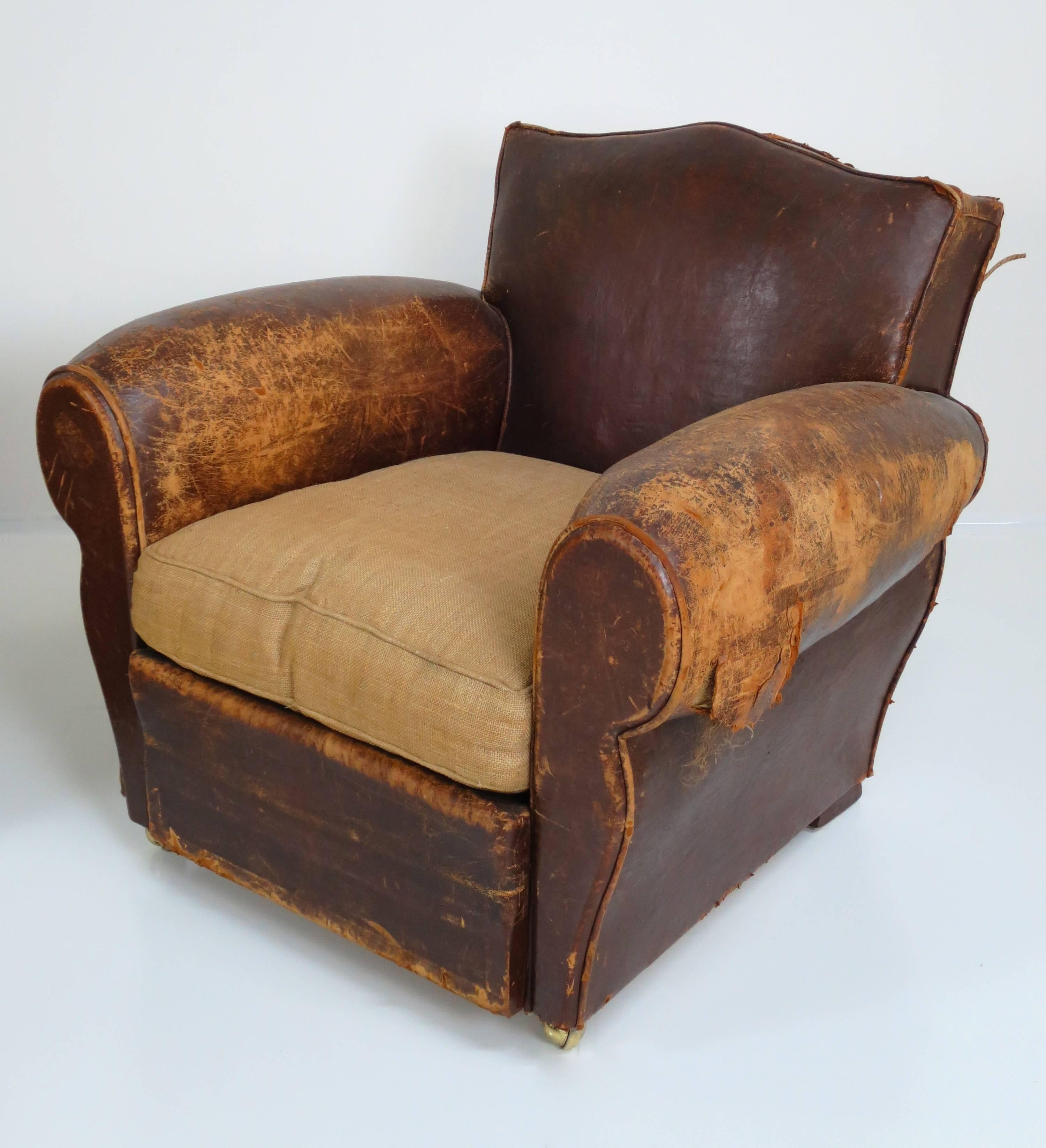 Leather Pair of French Art Deco Club Chairs