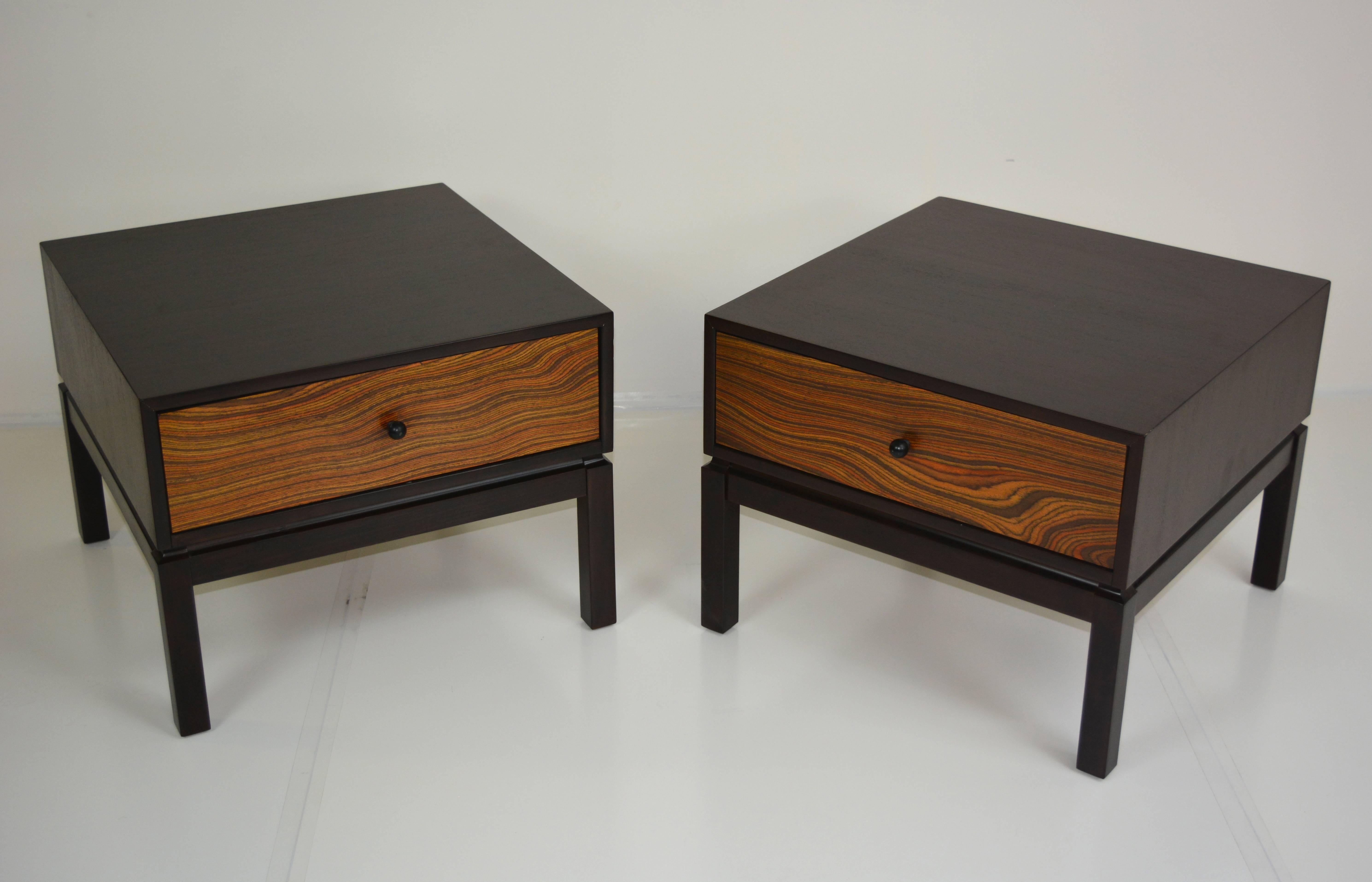 Pair of mahogany and zebrano wood nightstands. Excellent refinished condition.