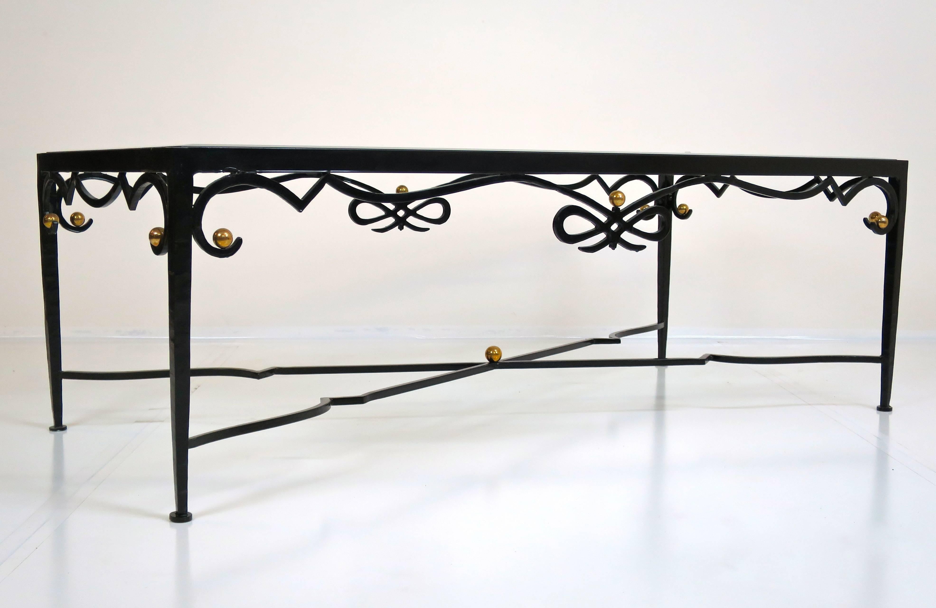 Mid-Century Modern French Cocktail Table of Forged Iron with Brass Details, 1960's