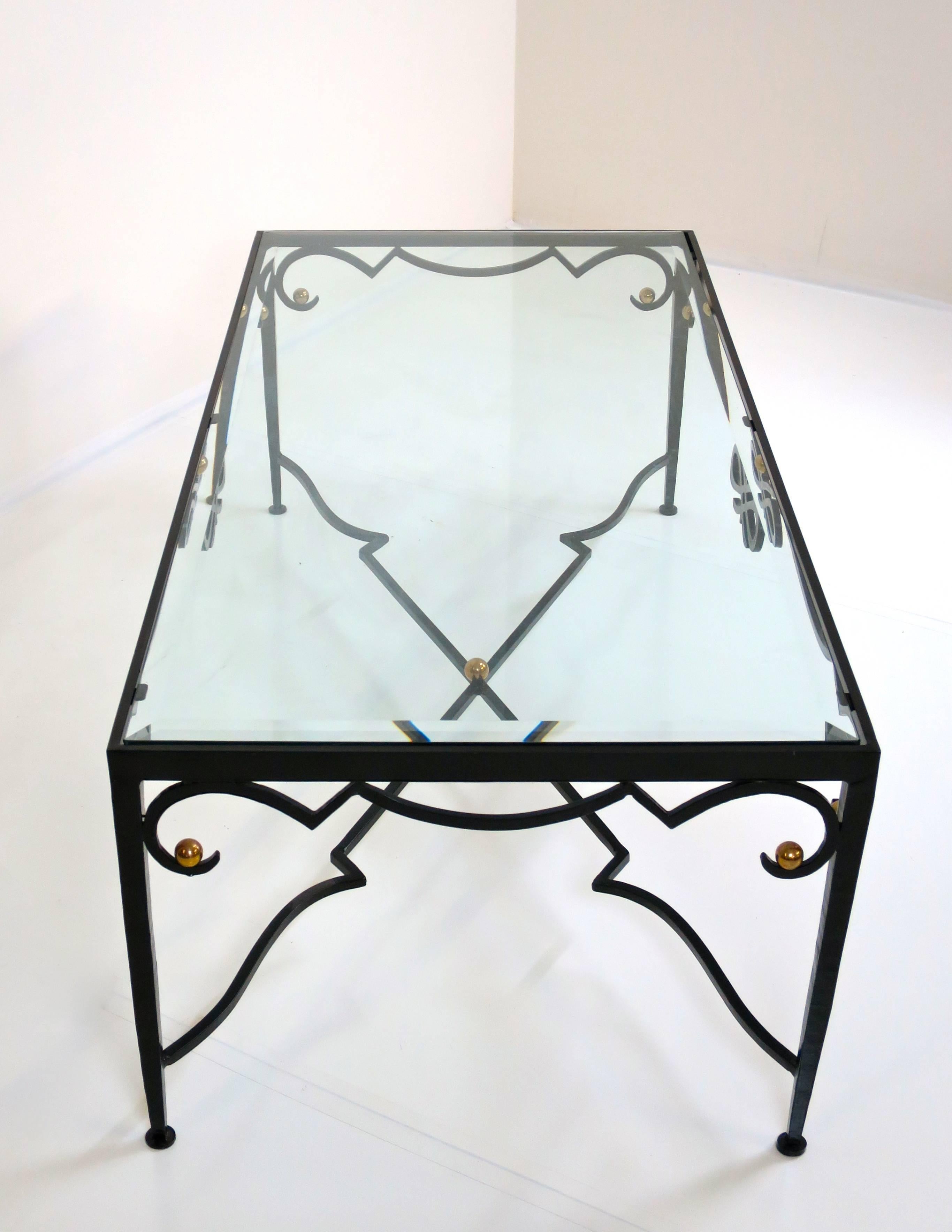 Mid-20th Century French Cocktail Table of Forged Iron with Brass Details, 1960's