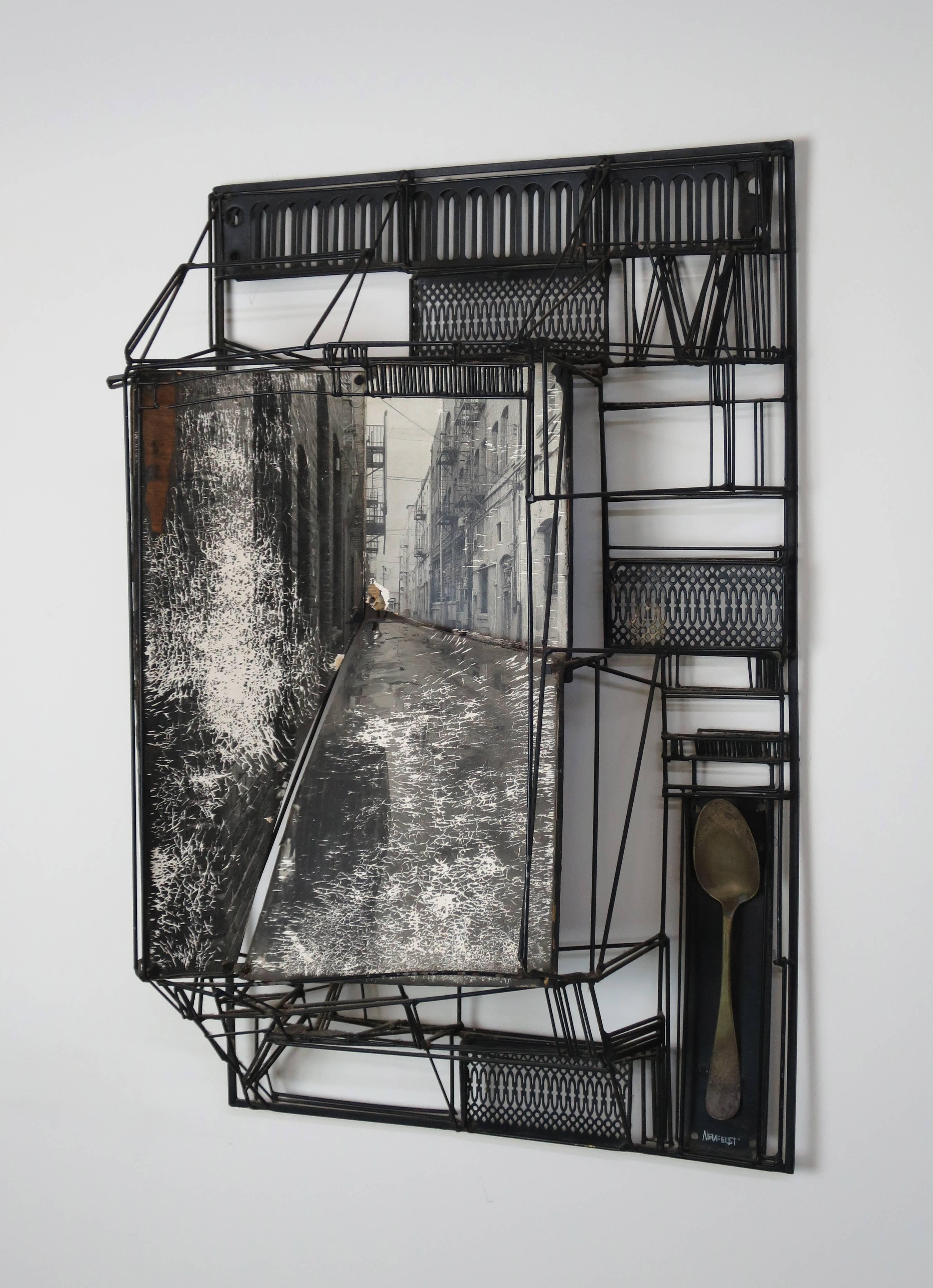 Mixed-media assemblage by Max Neufeldt, circa 1960s. Vintage image appears to be Hell's Kitchen and features an antique spoon.