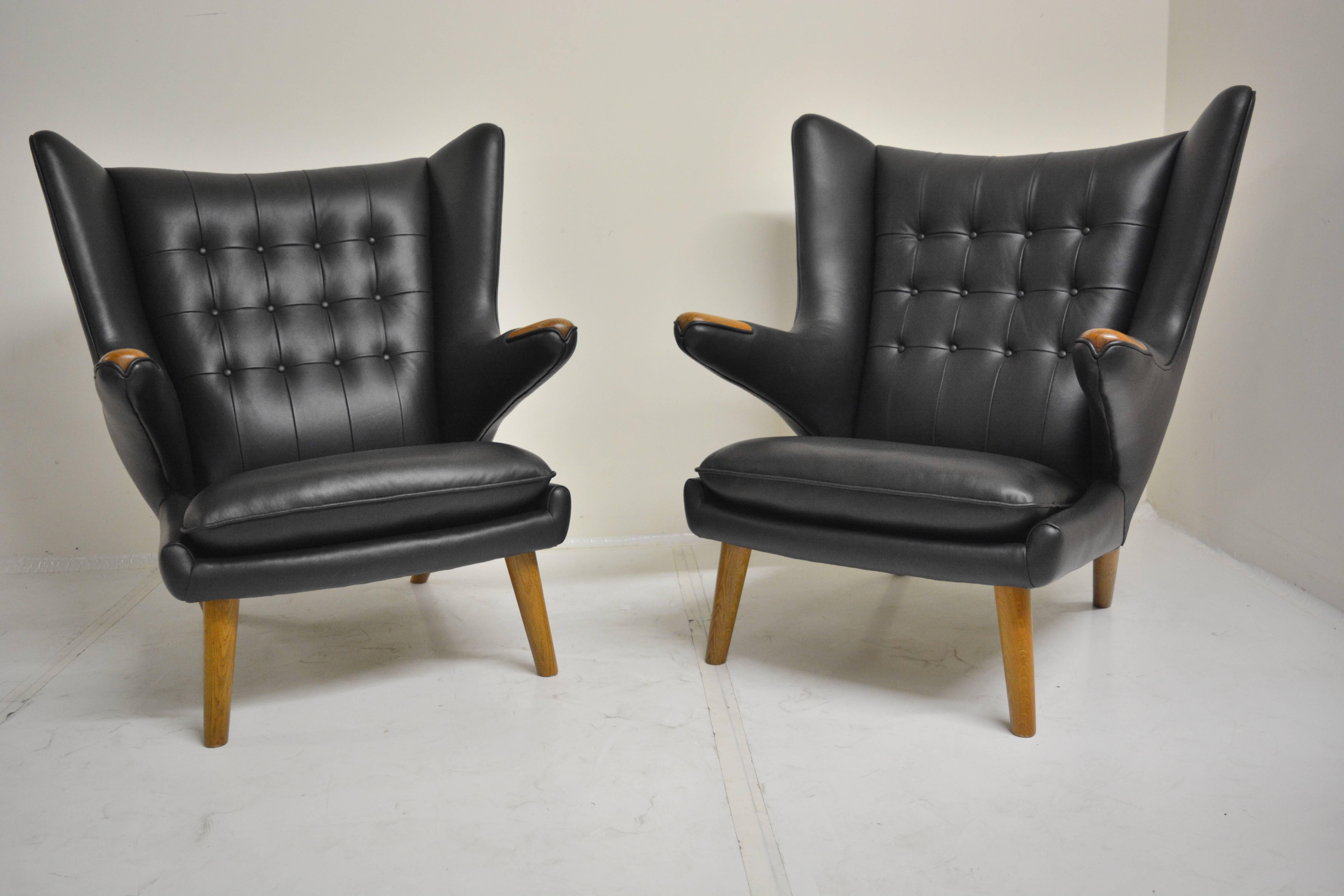 Danish Pair of Early Papa Bear Chairs by Hans Wegner in Black Leather
