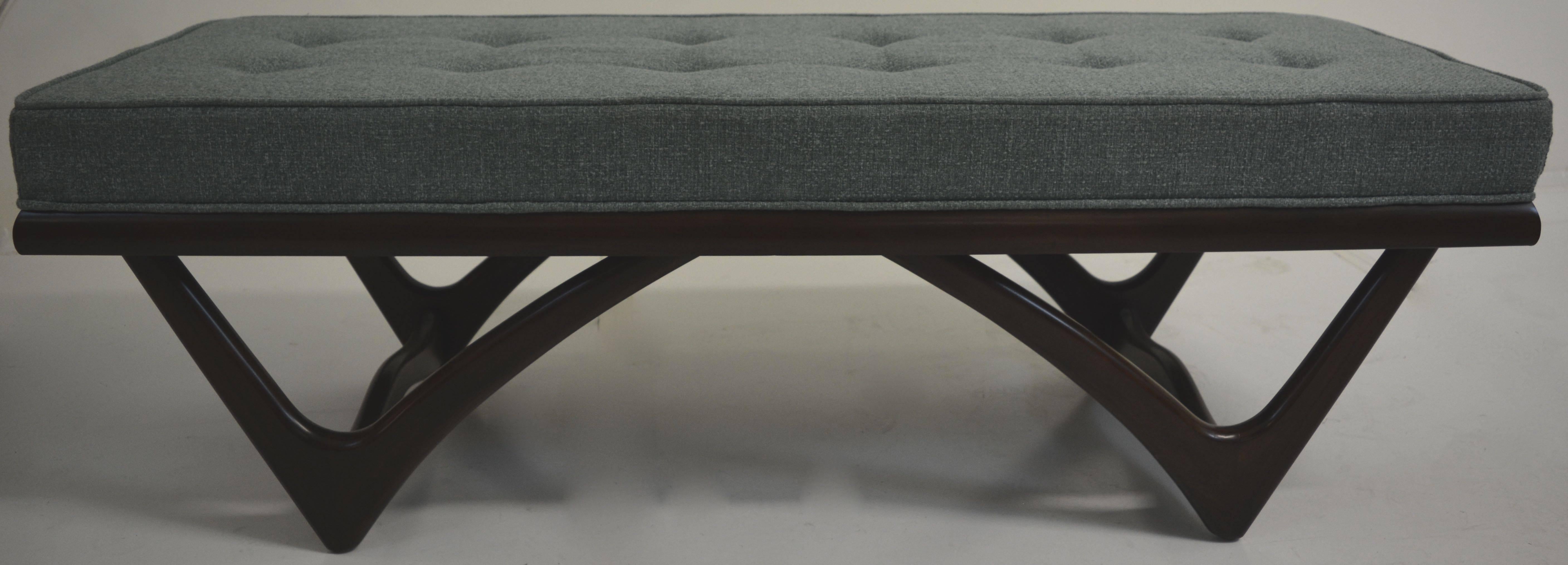 Adrian Pearsall Coffee Table that can also be used as a bench. Refinished in a walnut hue and recently upholstered in a woven green vintage style fabric.