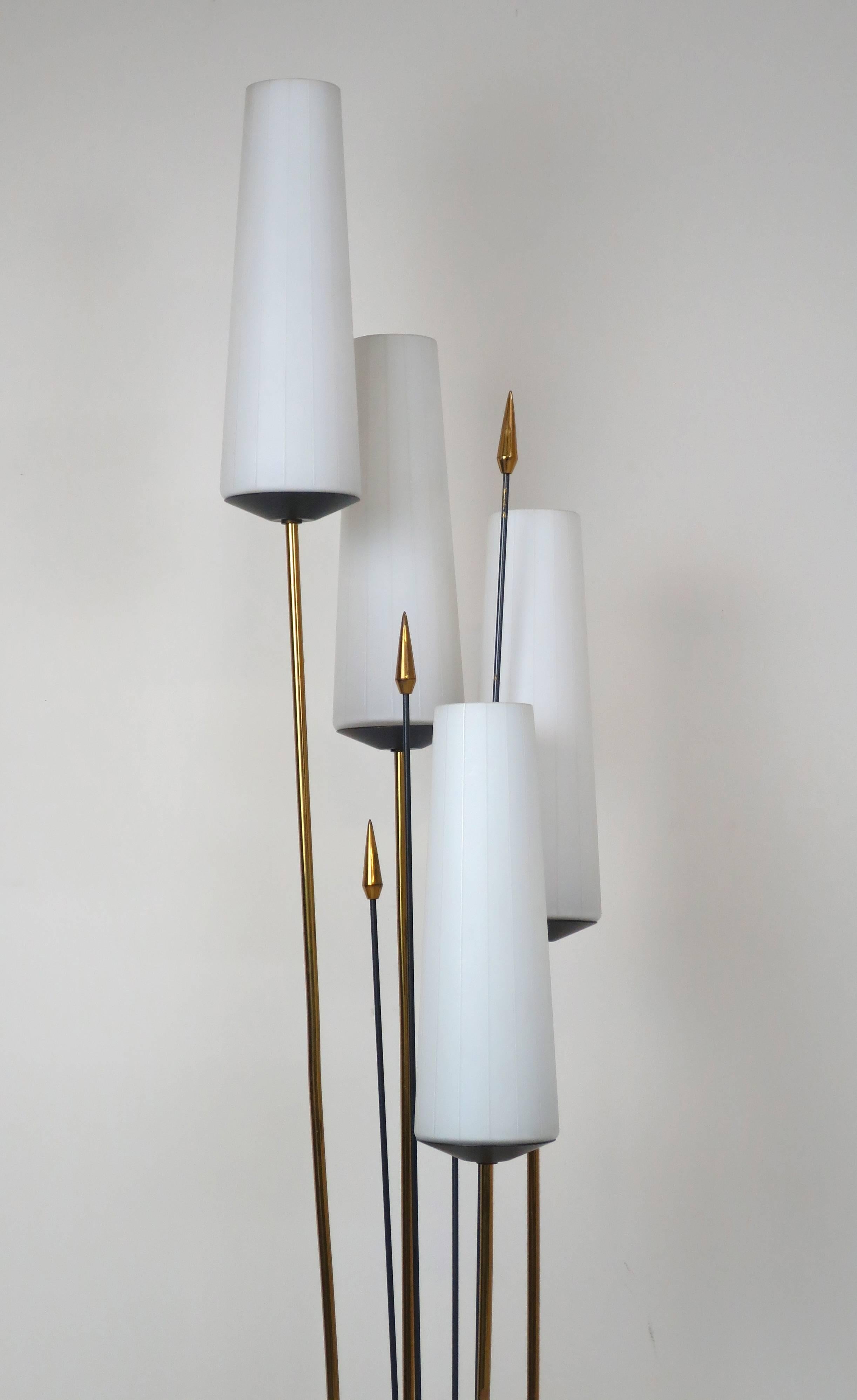Elegant French floor lamp with four glass shades. In the manner of Maison Arlus. Very nice condition, circa 1950s.