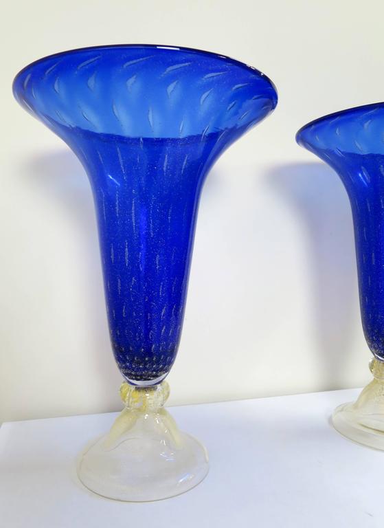 Exquisite Pair of Large Royal Blue Murano Glass Vases For Sale at