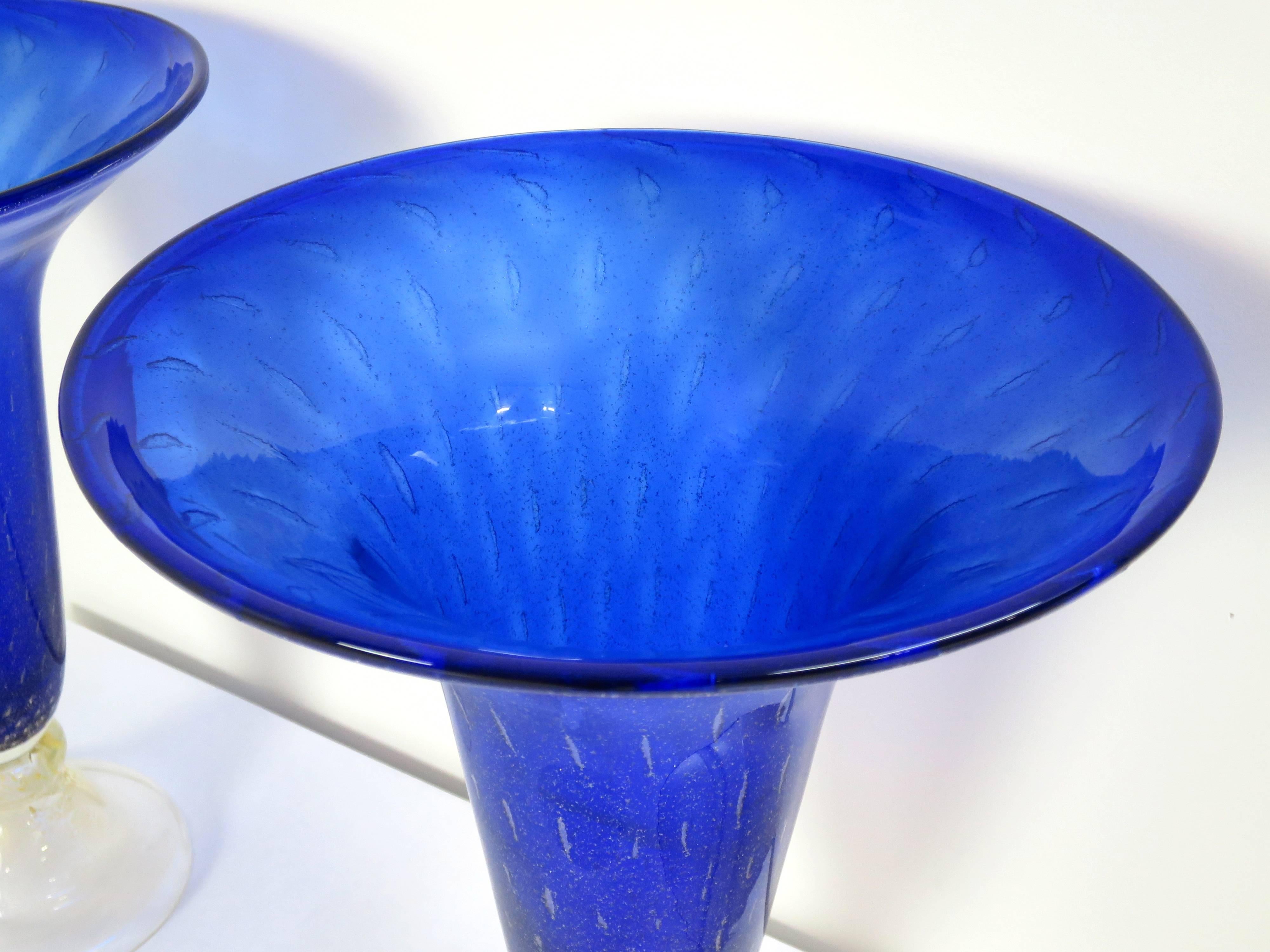 Exquisite Pair of Large Royal Blue Murano Glass Vases In Excellent Condition For Sale In San Diego, CA