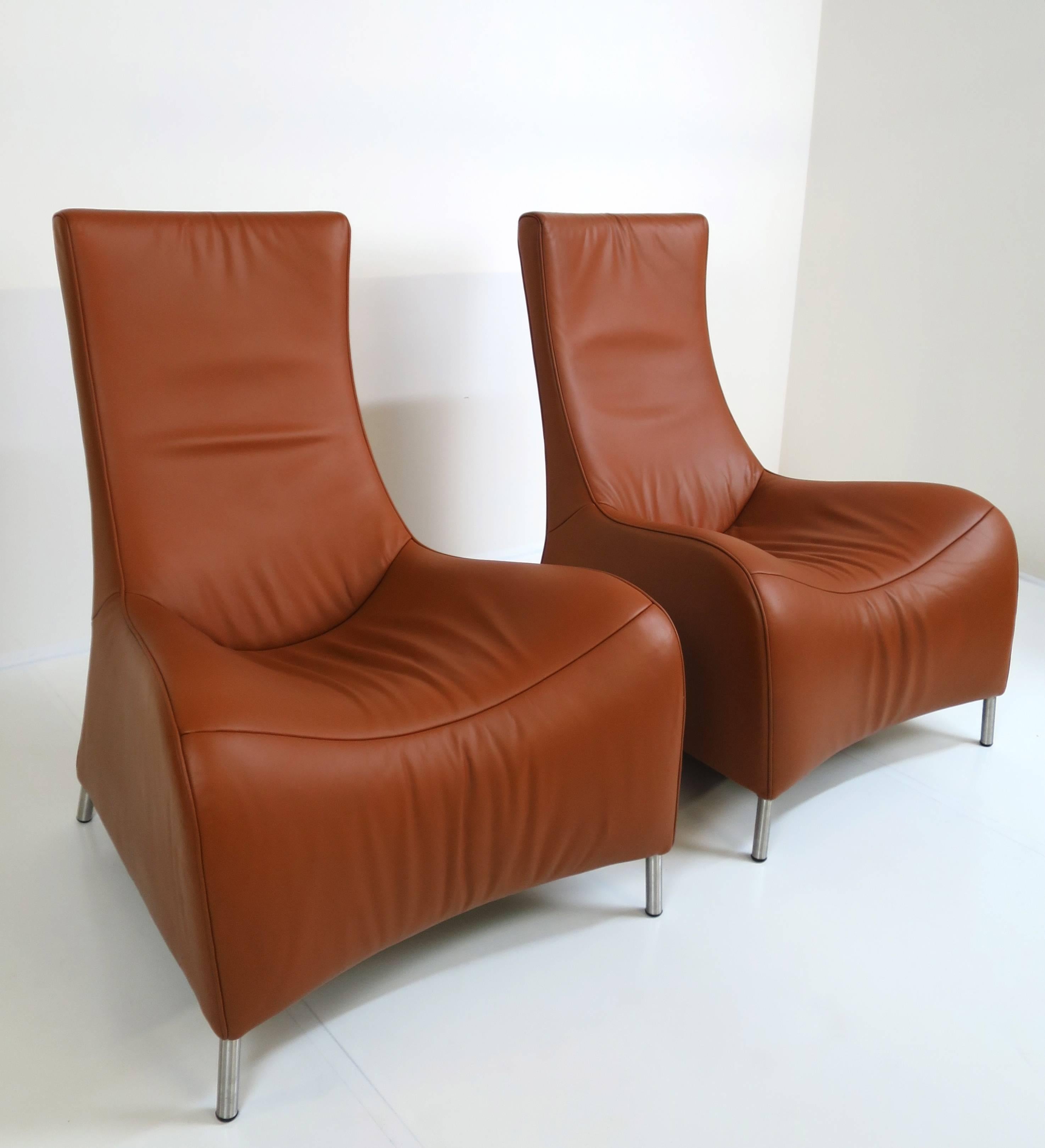 Two pairs (4 total) of De Sede, model DS 264 high back lounge chairs by Matthias Hoffmann. Nice original condition and leather in excellent condition after restoration recently performed. Overall, an exquisite looking design with maximum comfort!