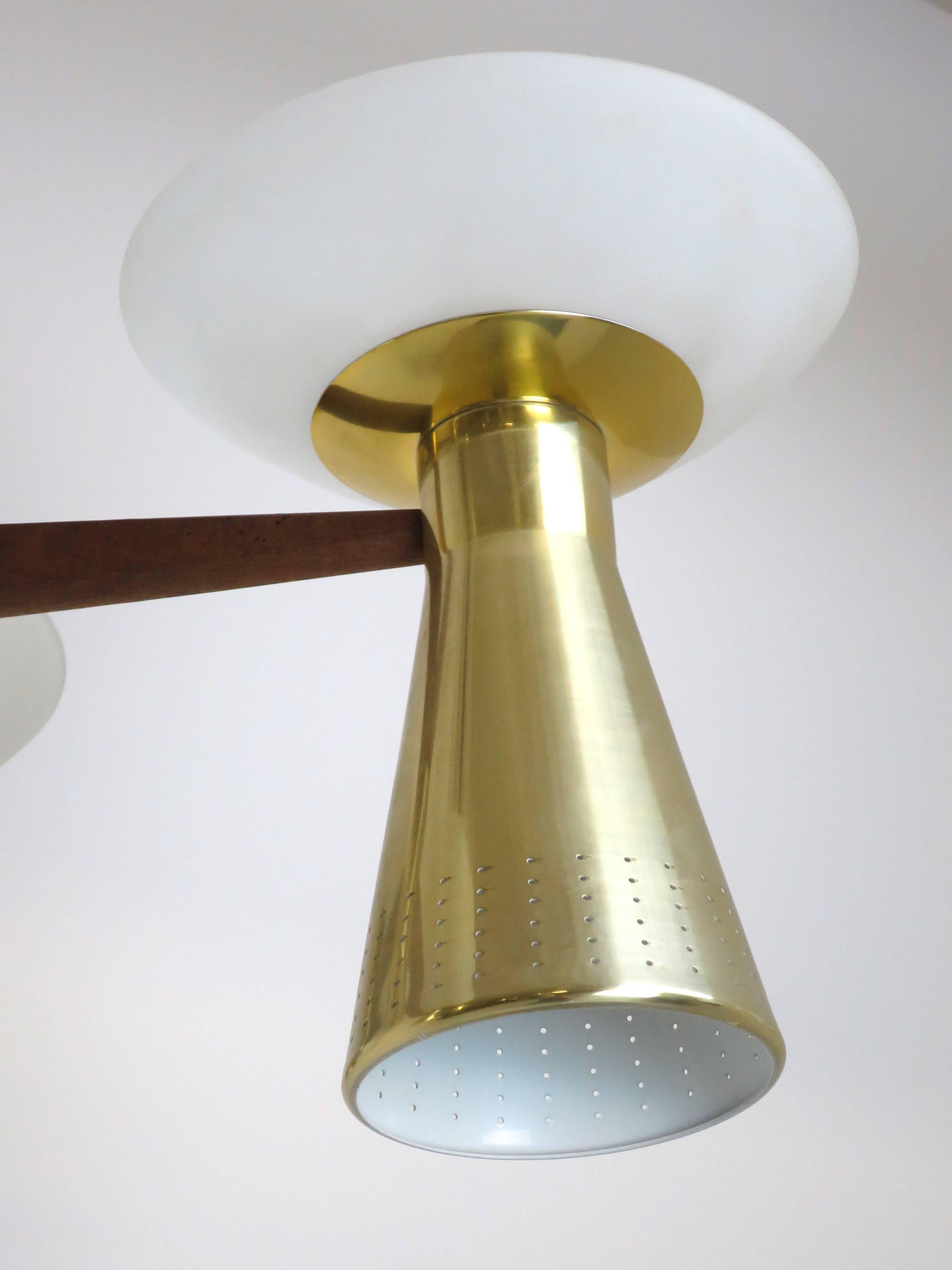 Frosted Modernist Perforated Brass and Walnut Chandelier, circa 1960s For Sale