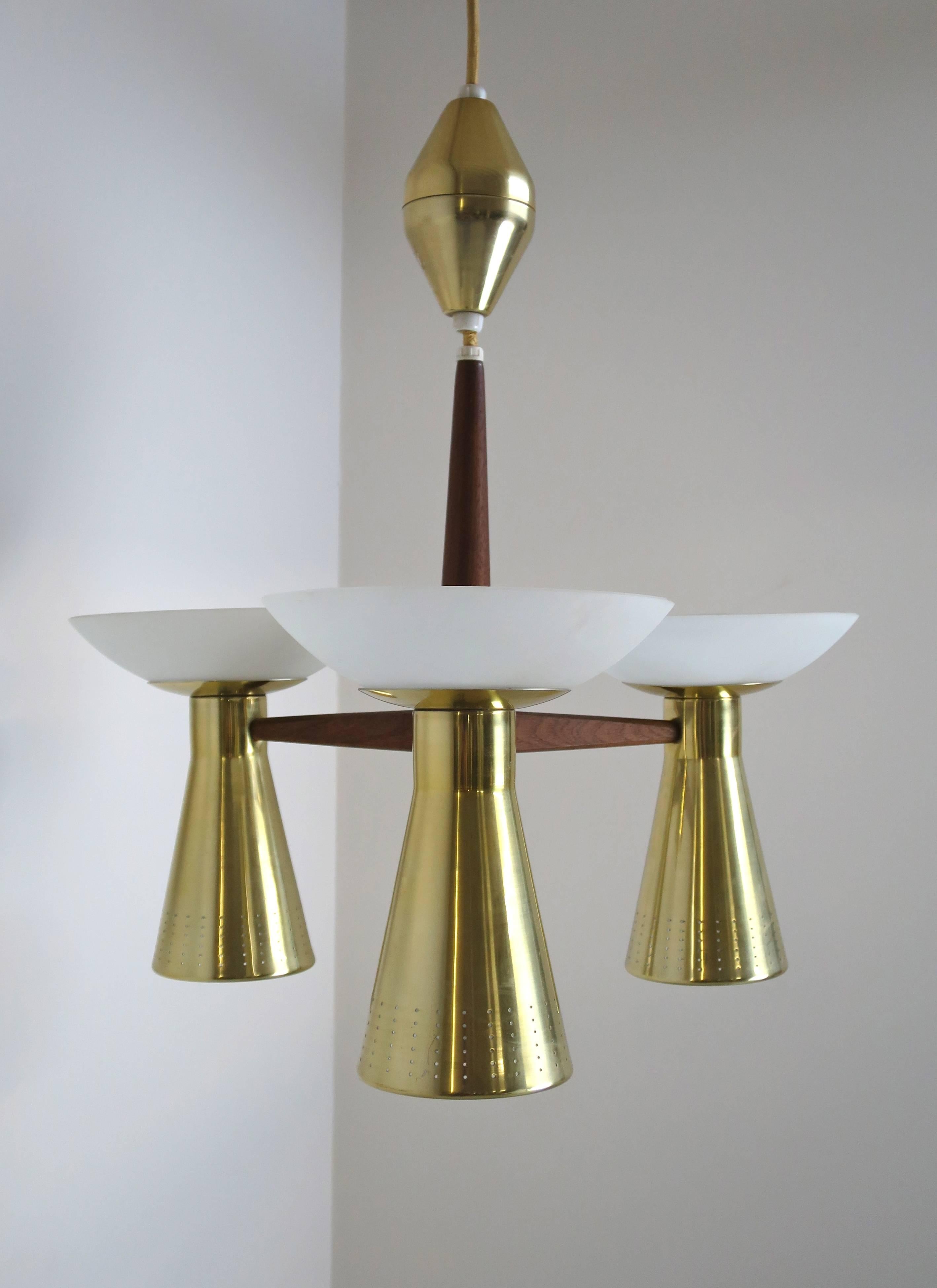Mid-Century Modern Modernist Perforated Brass and Walnut Chandelier, circa 1960s For Sale