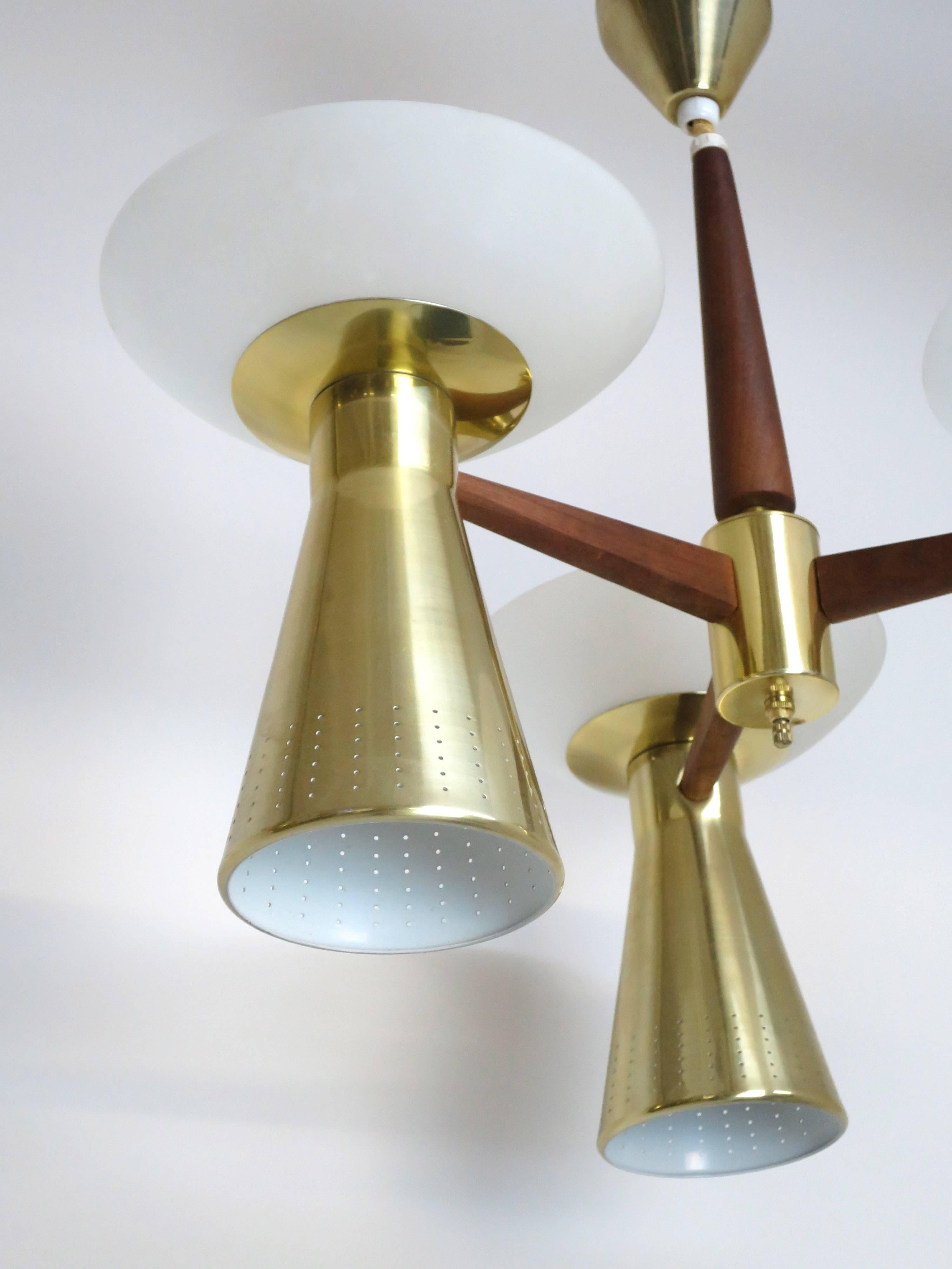 American Modernist Perforated Brass and Walnut Chandelier, circa 1960s For Sale