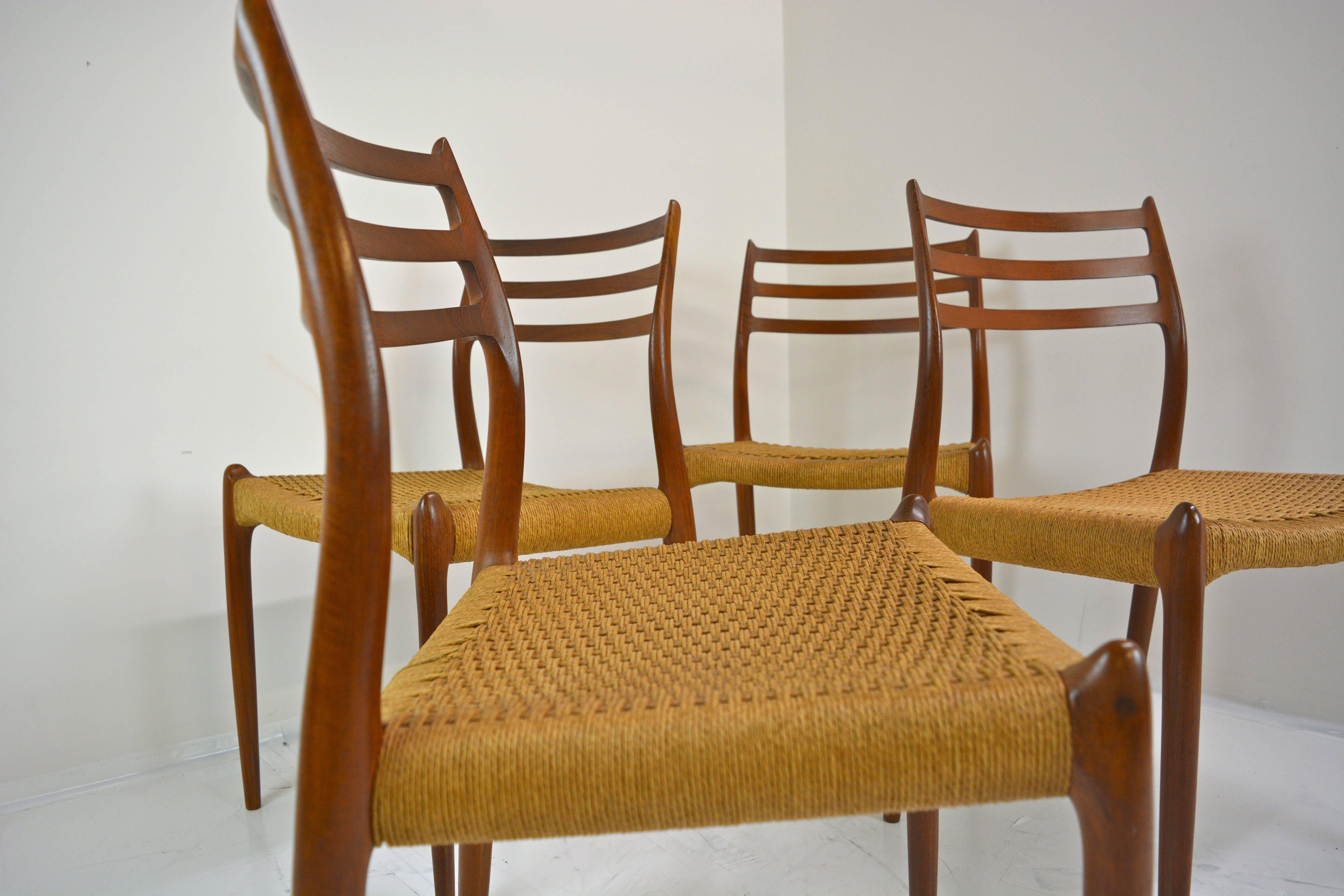 Set of Four Danish Teak Dining Chairs, Model #78 by N Ø Møller for J L Møller In Excellent Condition In San Diego, CA