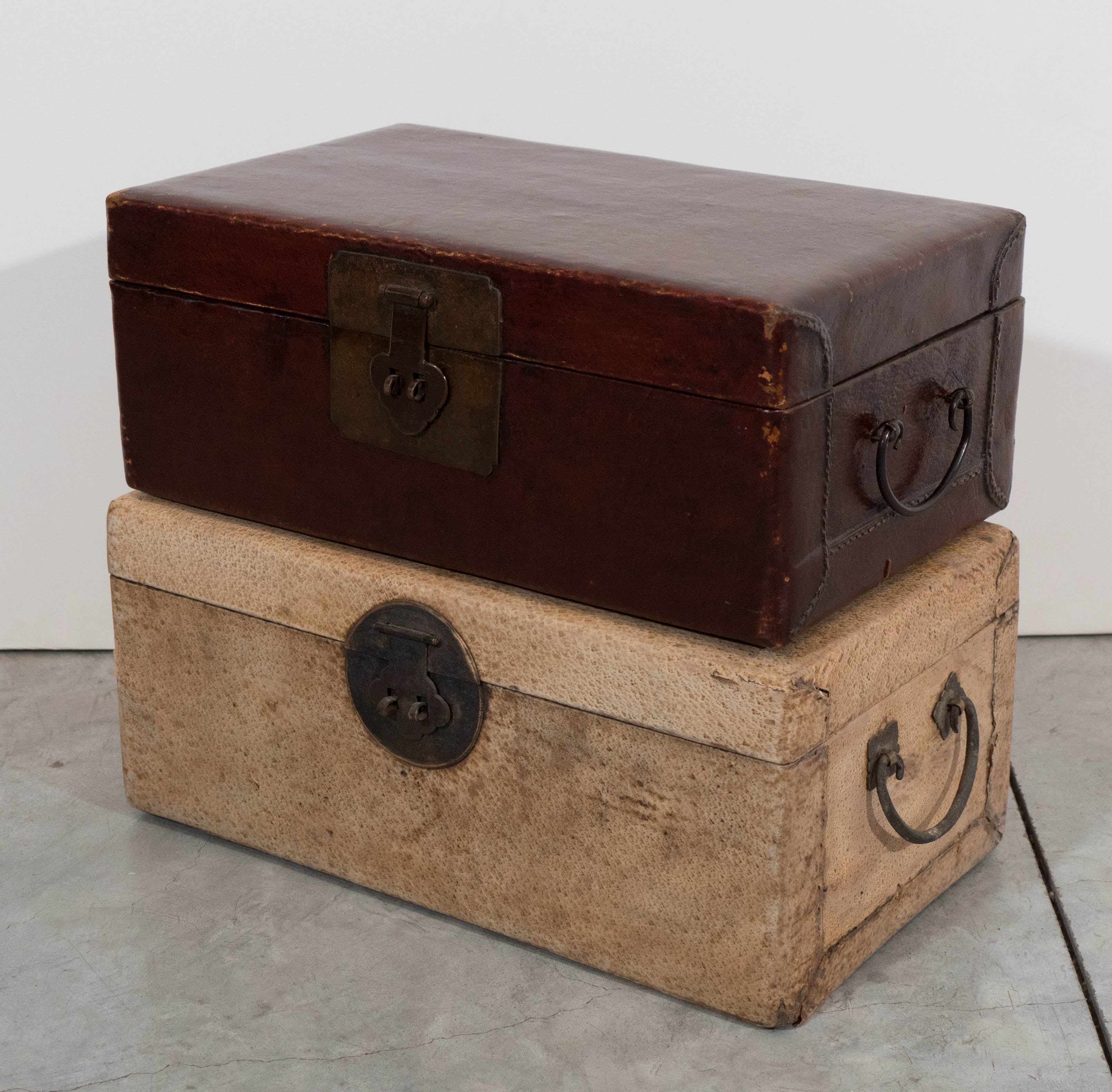 Chinese Antique Parchment Leather Document Boxes