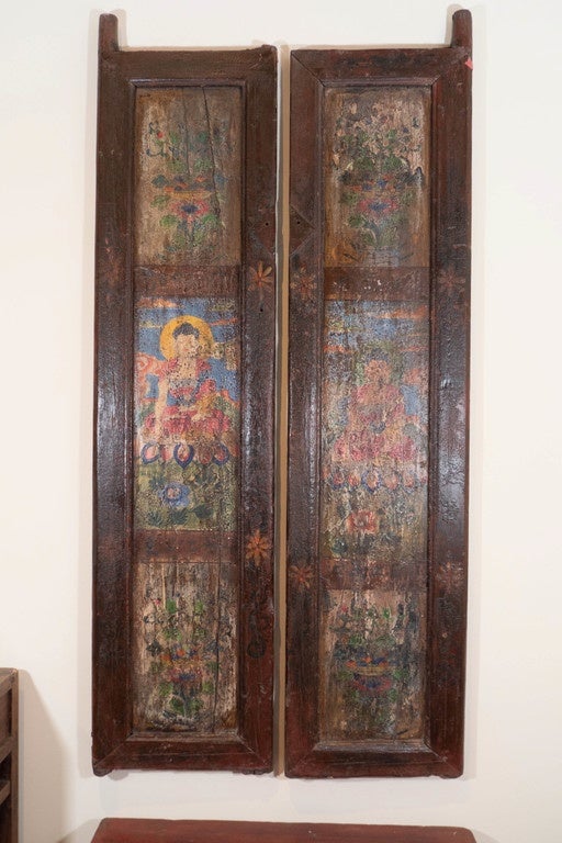 Chinese Pair Of Tibetan Painted Doors