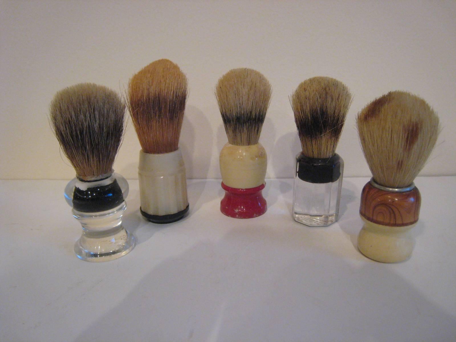 A collection of five distinctive vintage shaving brushes from the 1940s-1950s. These quirky objects make a great shelf display and an original gift idea.
 