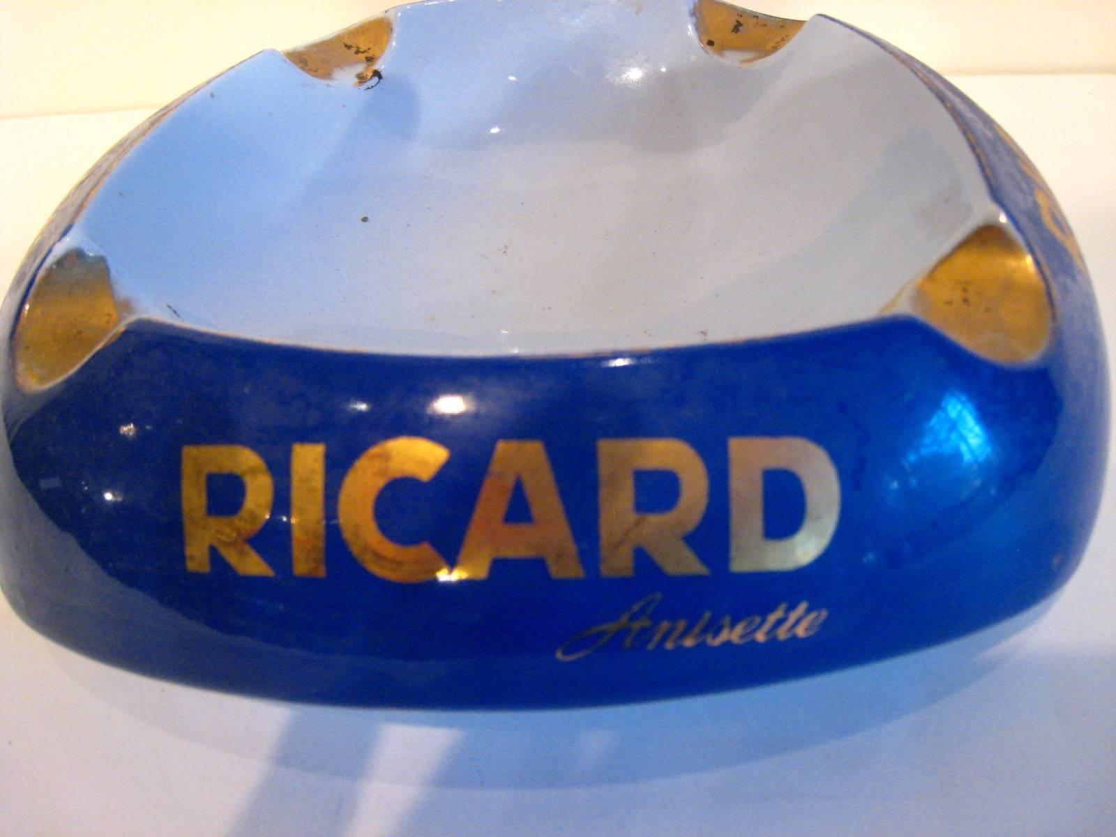 A Classic vintage Ricard Anisette ceramic ashtray with great color and graphics.