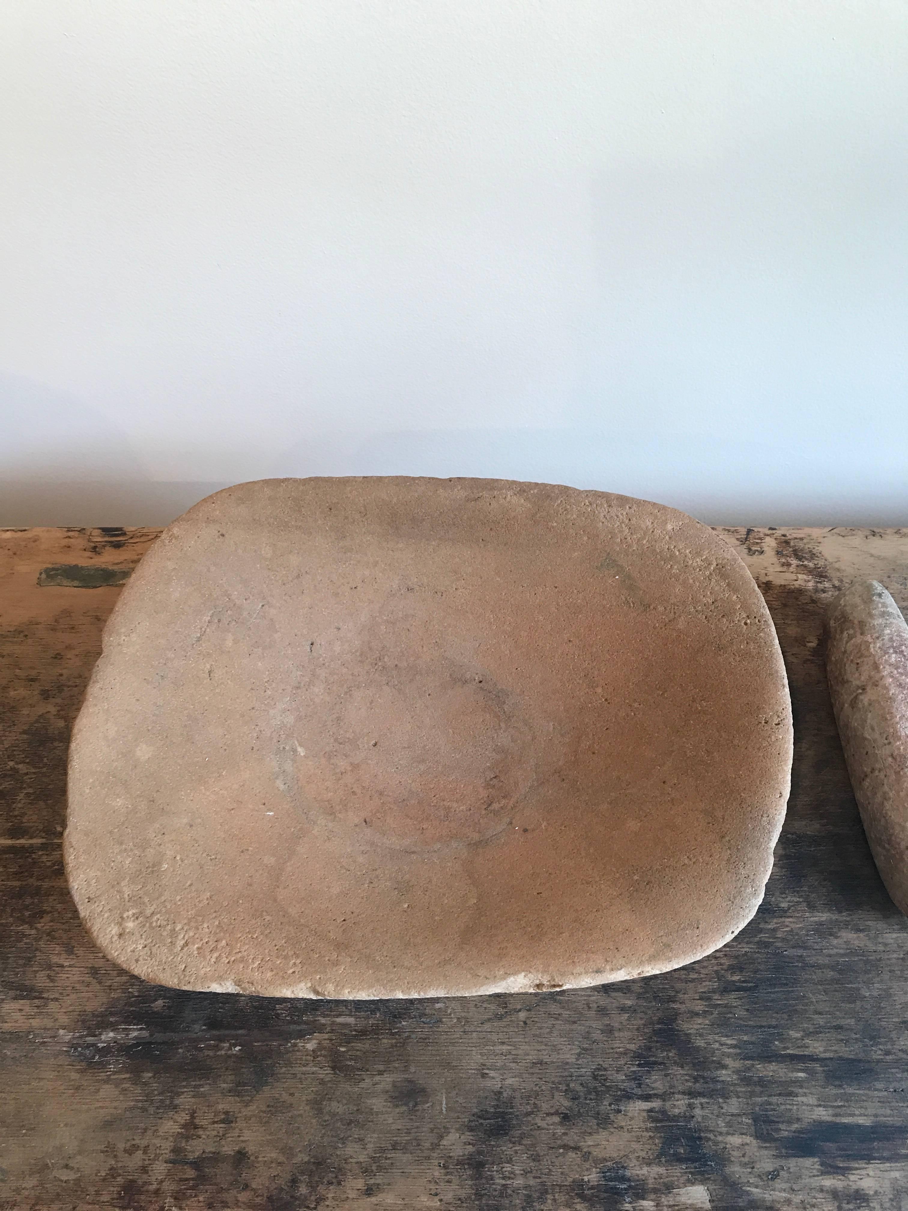 Mid-20th Century Native American Grinding Stone Bowl and Pestle