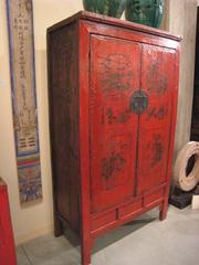Antique Chinese  Lacquered Cabinet With Highly Detailed Painted Images