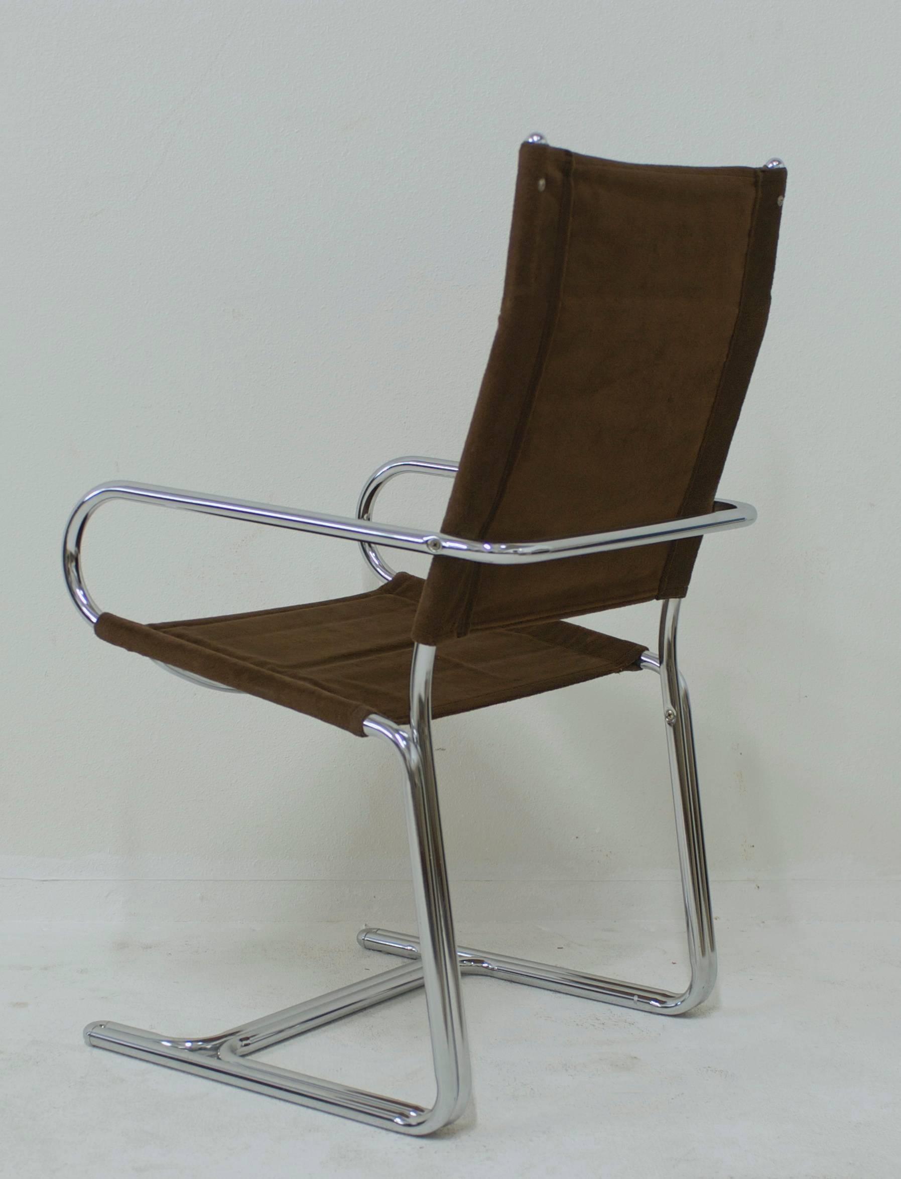 Fabric Set of Six Italian Chrome Dining Chairs in the Style of Gastone Rinaldi For Sale