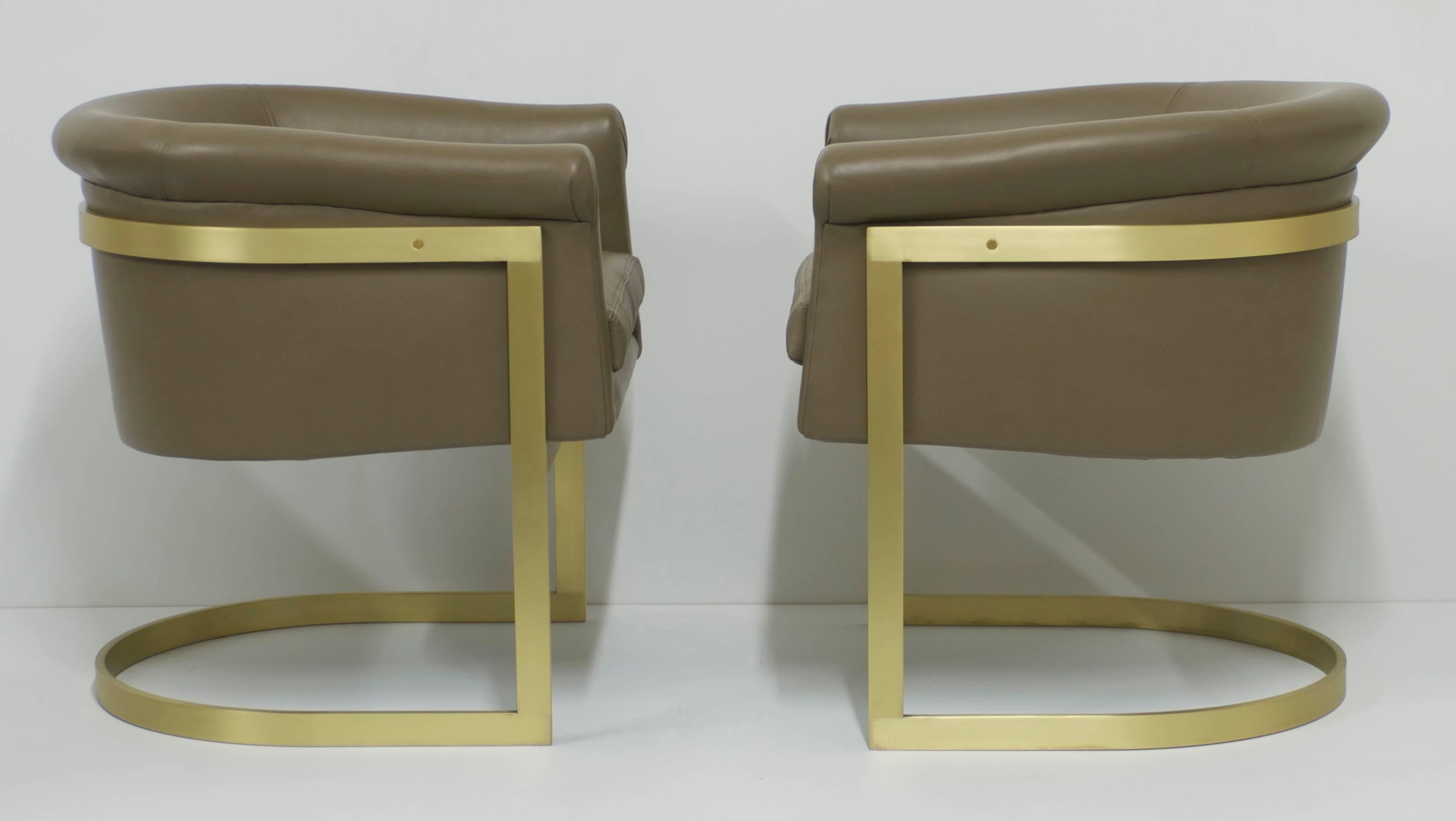 Mid-Century Modern Matt Brass and Leather Petite Barrel Back Milo Baughman Attributed Chairs