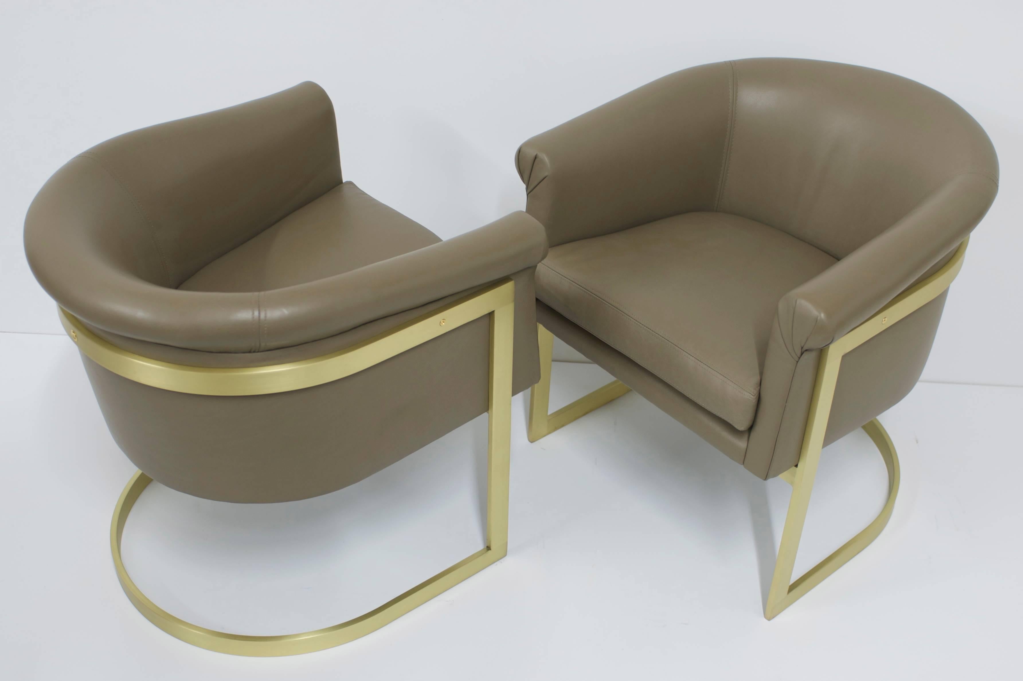 Matt Brass and Leather Petite Barrel Back Milo Baughman Attributed Chairs In Excellent Condition In Palm Springs, CA
