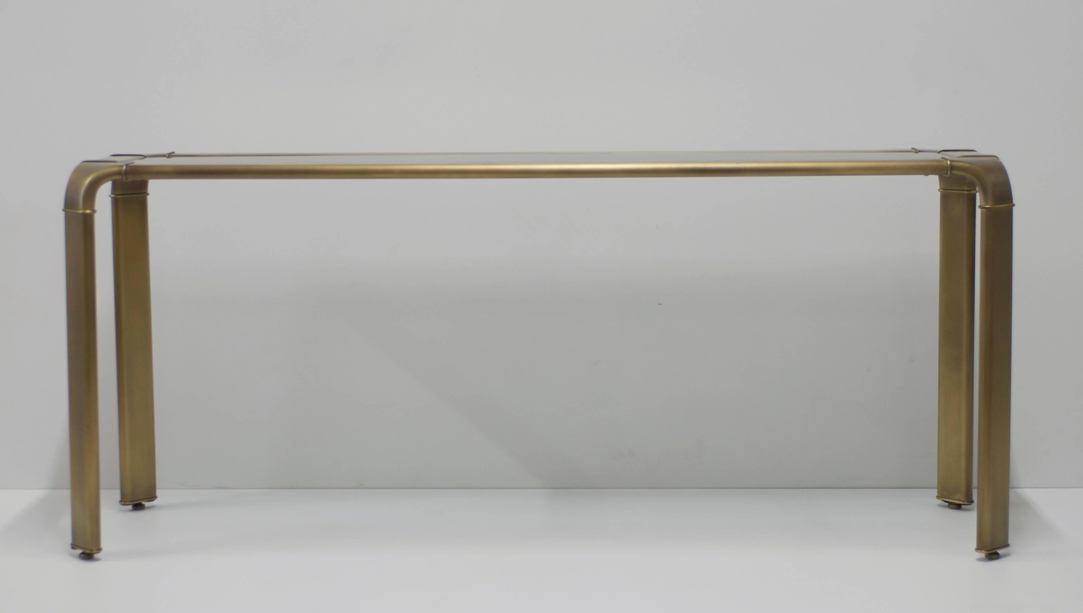 Mid-Century Modern John Widdicomb Burnished Brass Console Table with Smoked Grey Glass