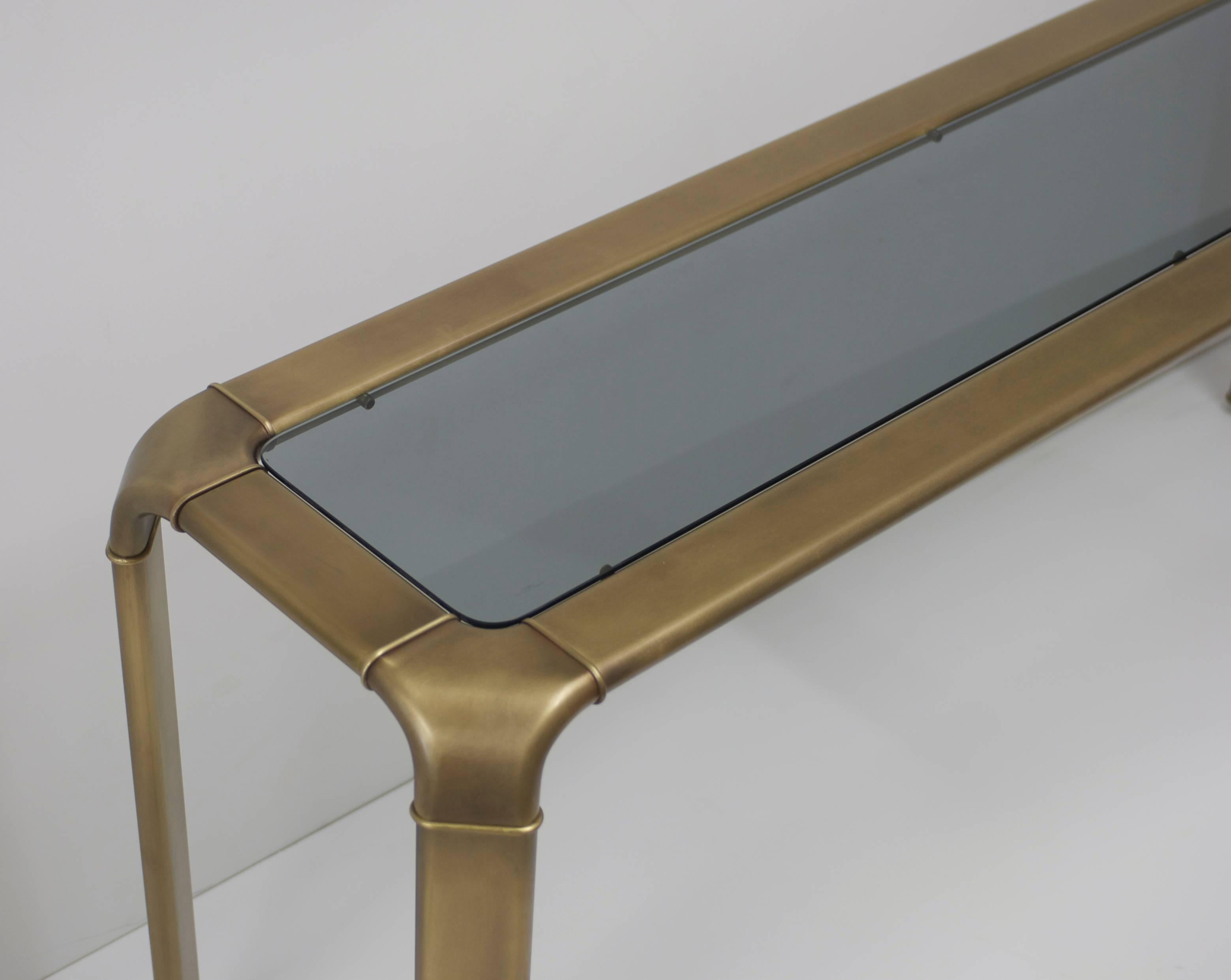 American John Widdicomb Burnished Brass Console Table with Smoked Grey Glass