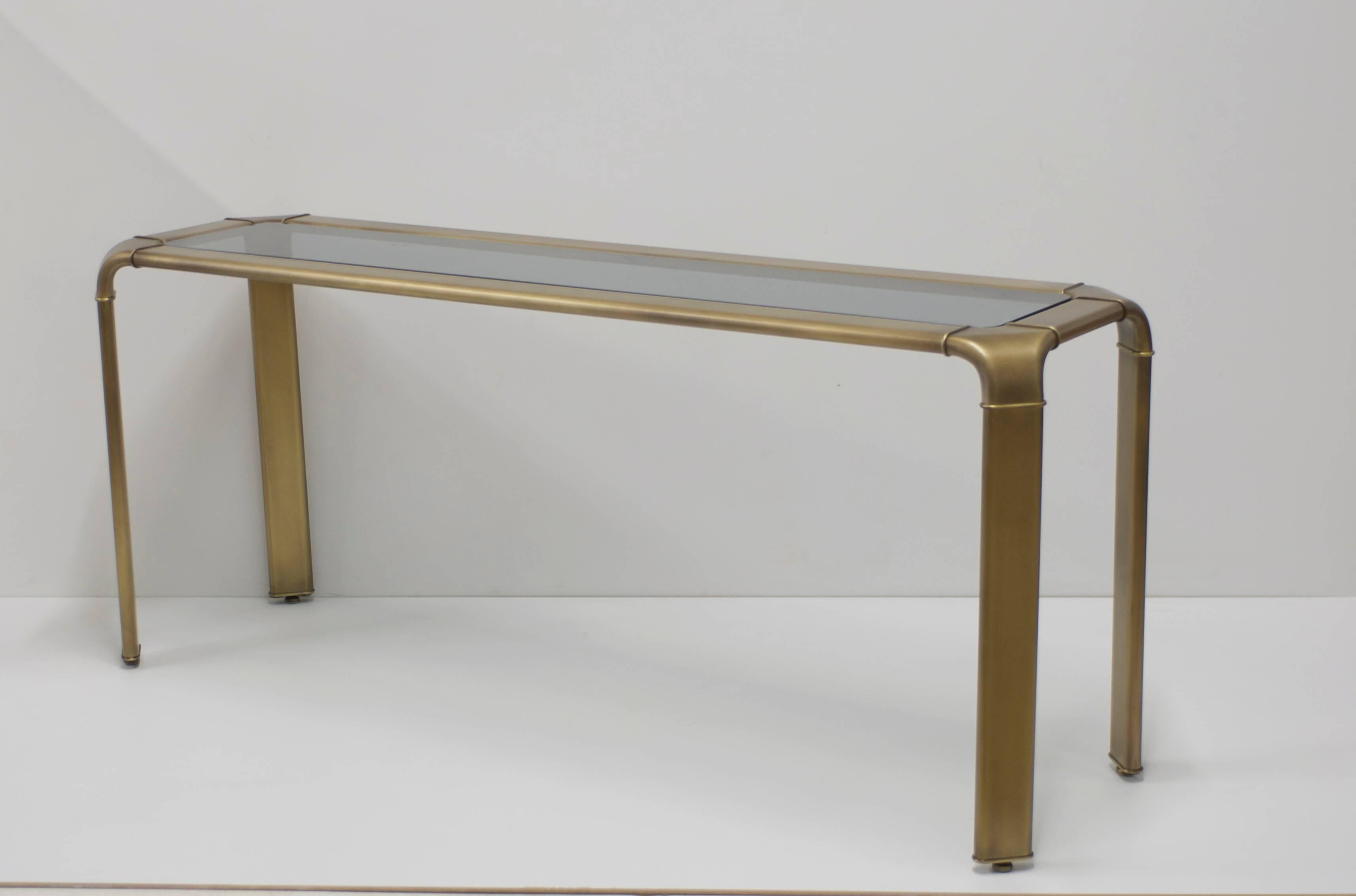 20th Century John Widdicomb Burnished Brass Console Table with Smoked Grey Glass