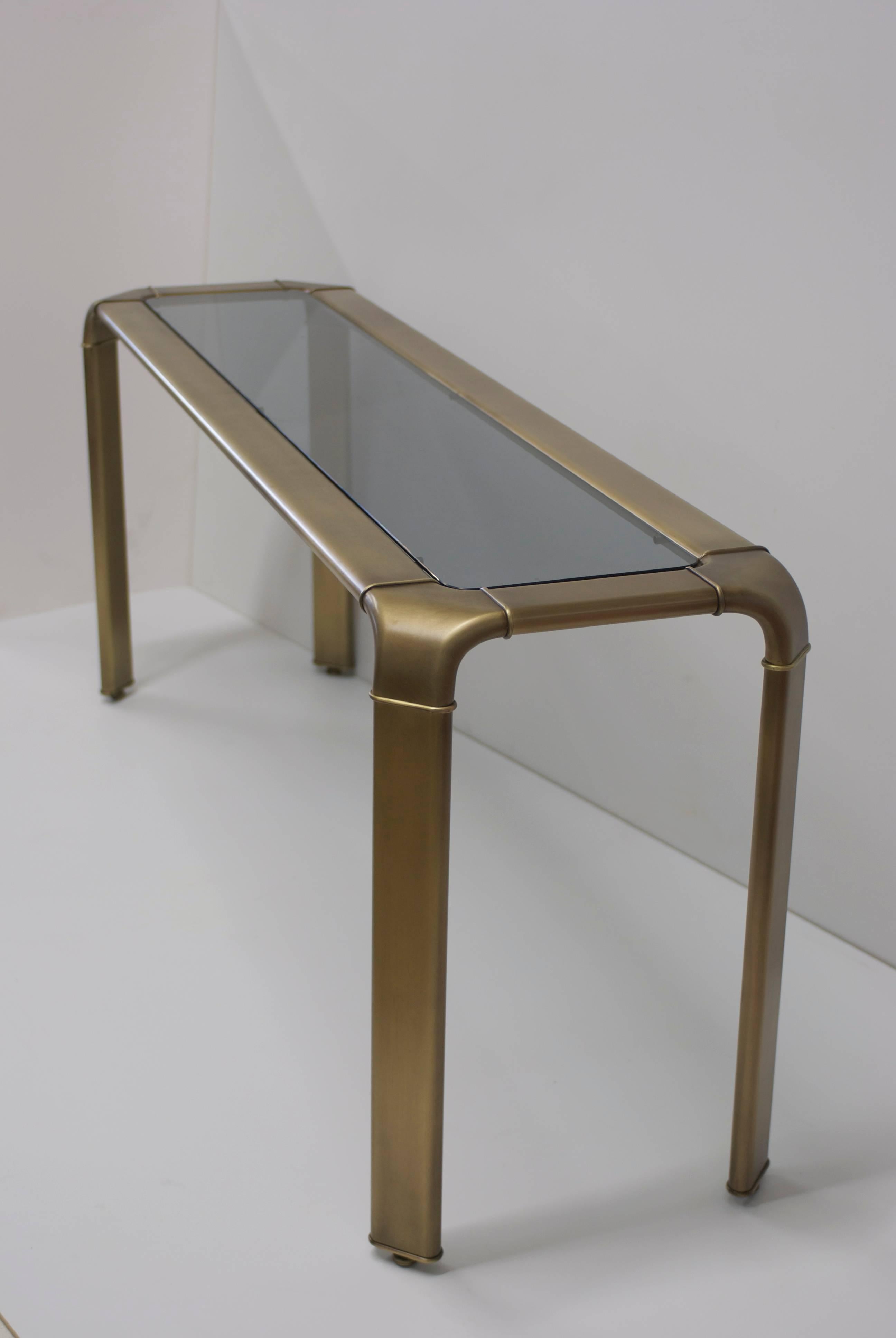 John Widdicomb Burnished Brass Console Table with Smoked Grey Glass 1